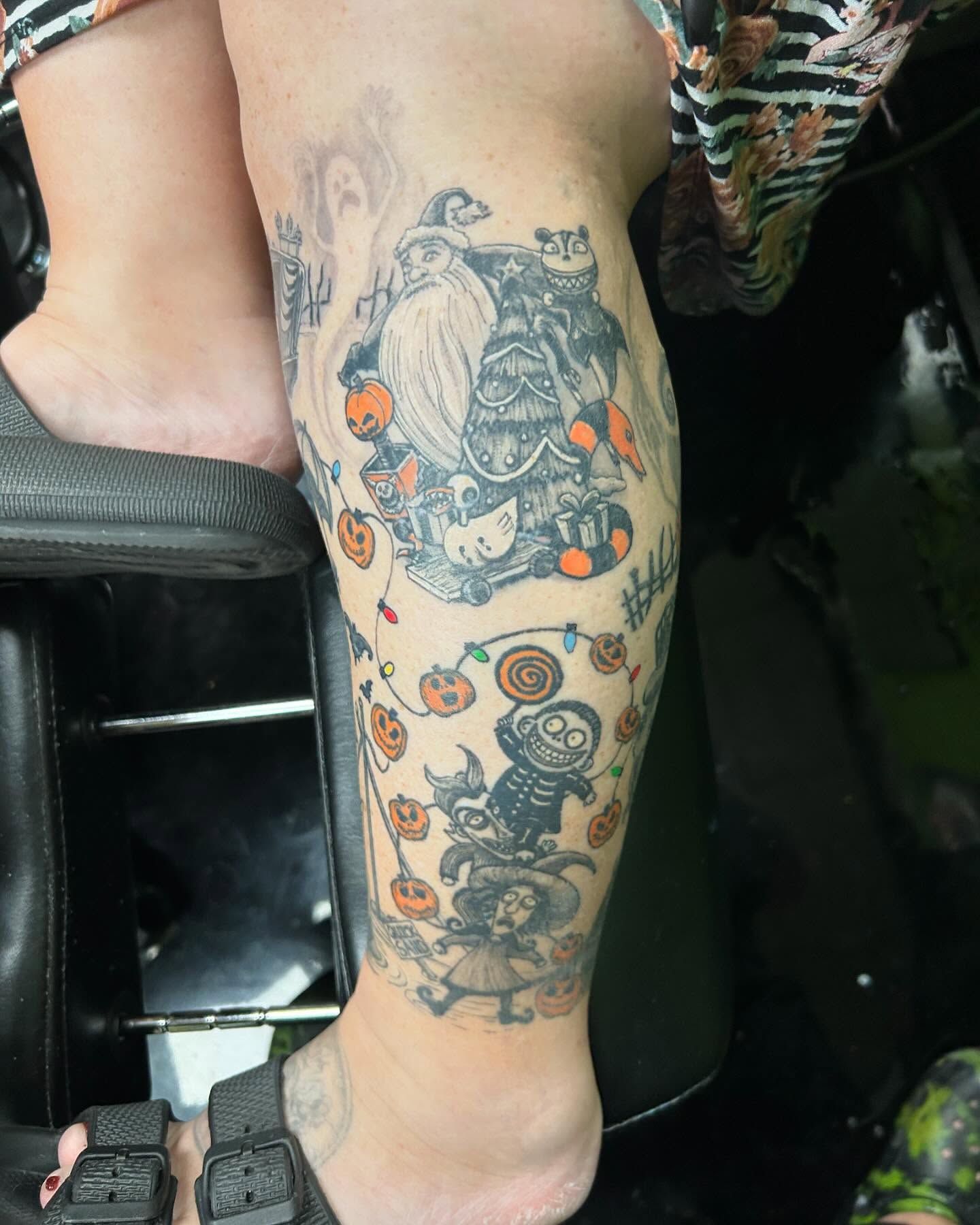 Tim burton-inspired characters dark realism tattoo on the calf by B Hendrix, Cuyahoga Falls, Ohio