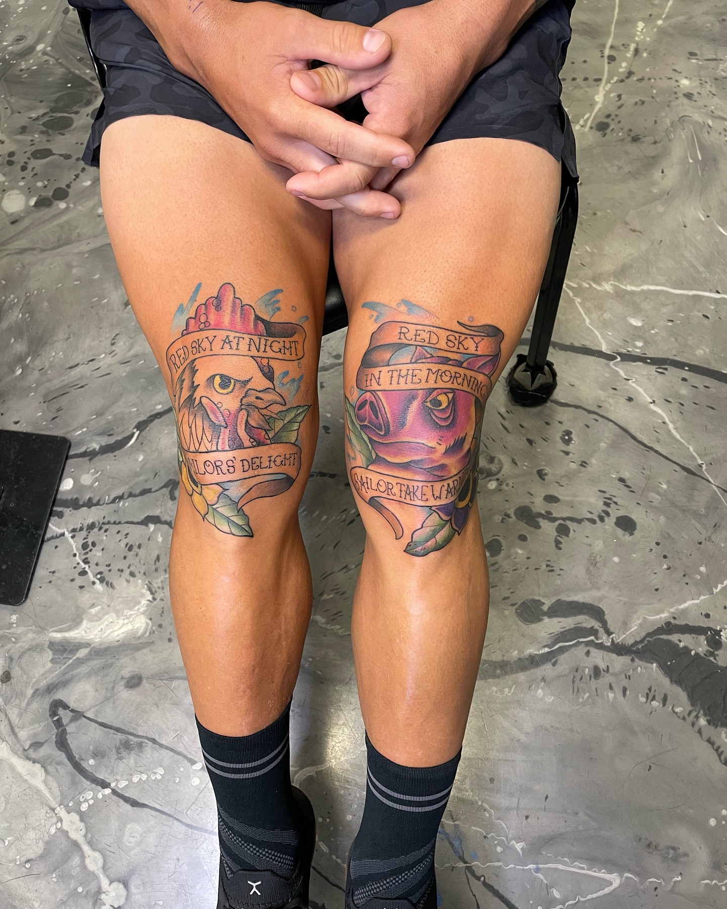 Red sky at night American traditional tattoo on the thigh by Brandon Anderson