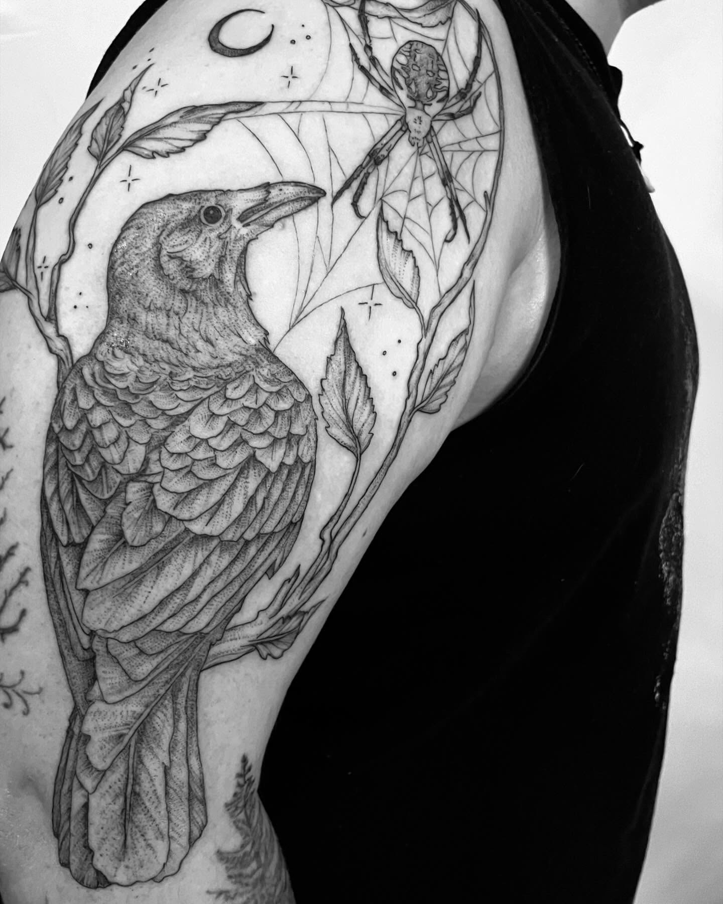 Crow realism tattoo on the shoulder by Christen Wolfe CA Tattooer