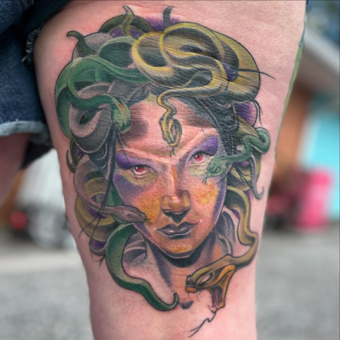 Medusa realism tattoo on the thigh by scottyjstattoos