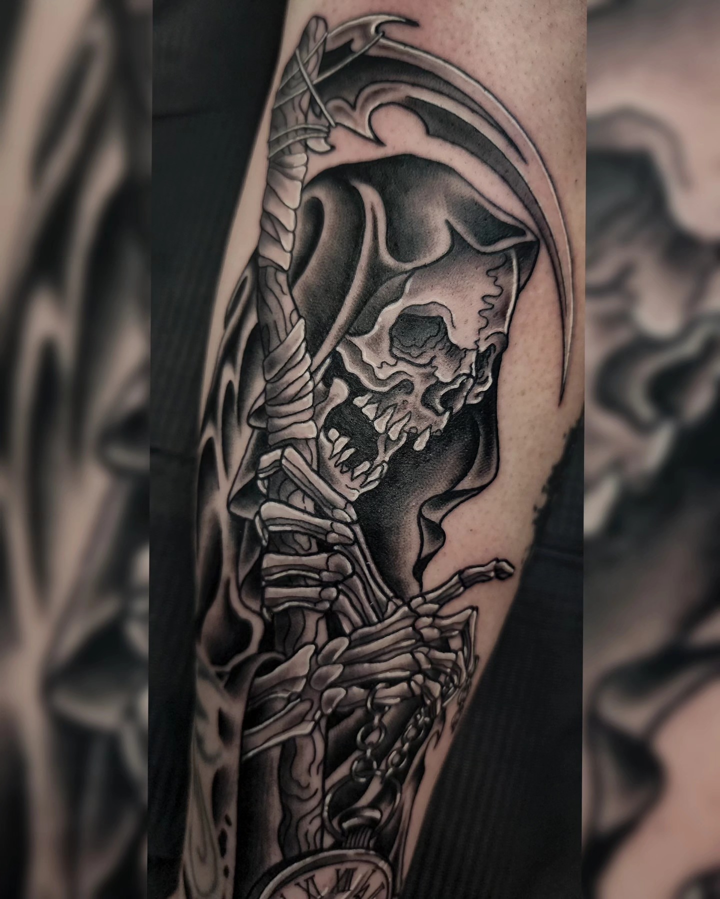 Grim reaper skeleton realism tattoo on the forearm by Mariah Giovanna Hodgens
