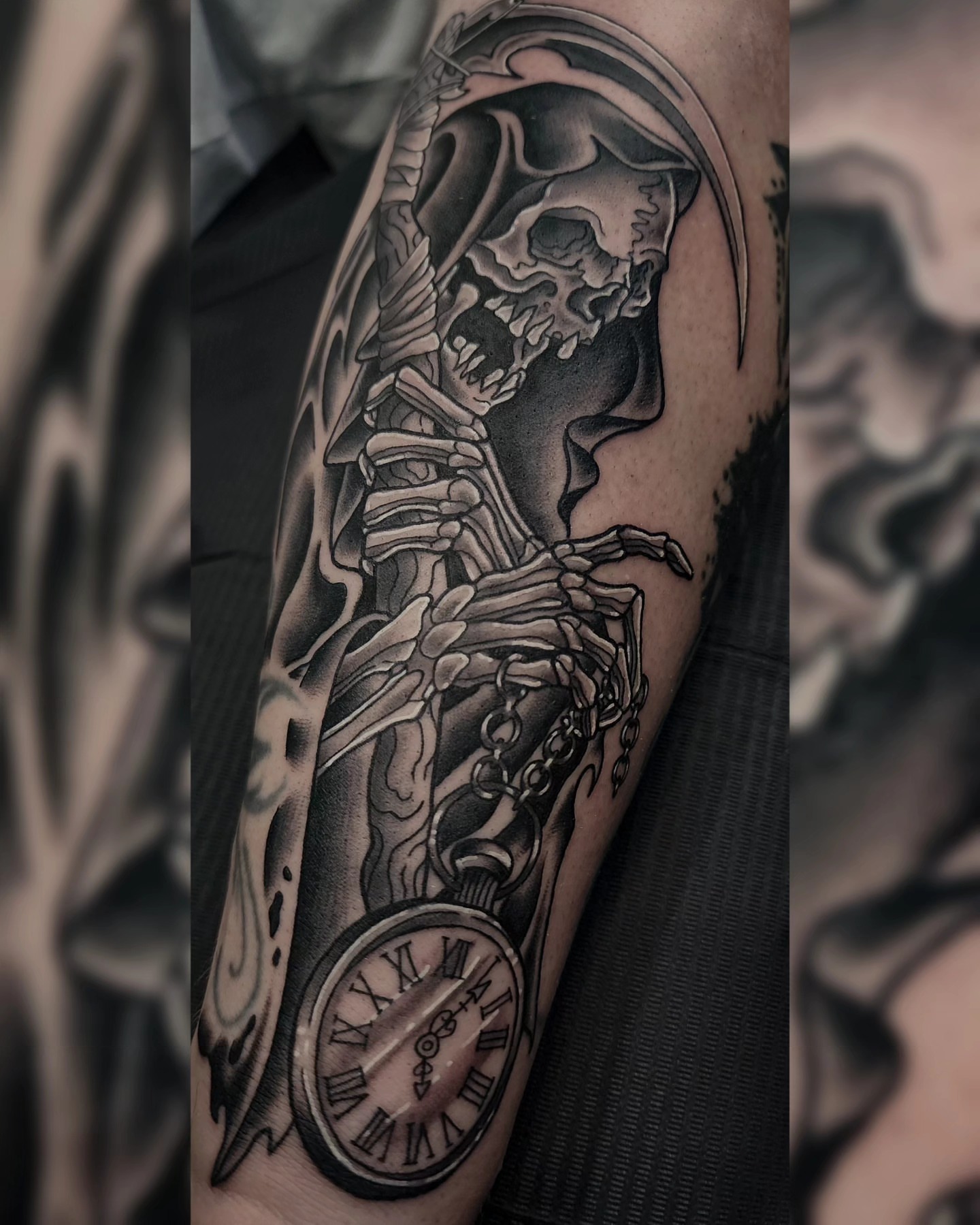 Grim reaper realism tattoo on the forearm by Mariah Giovanna Hodgens