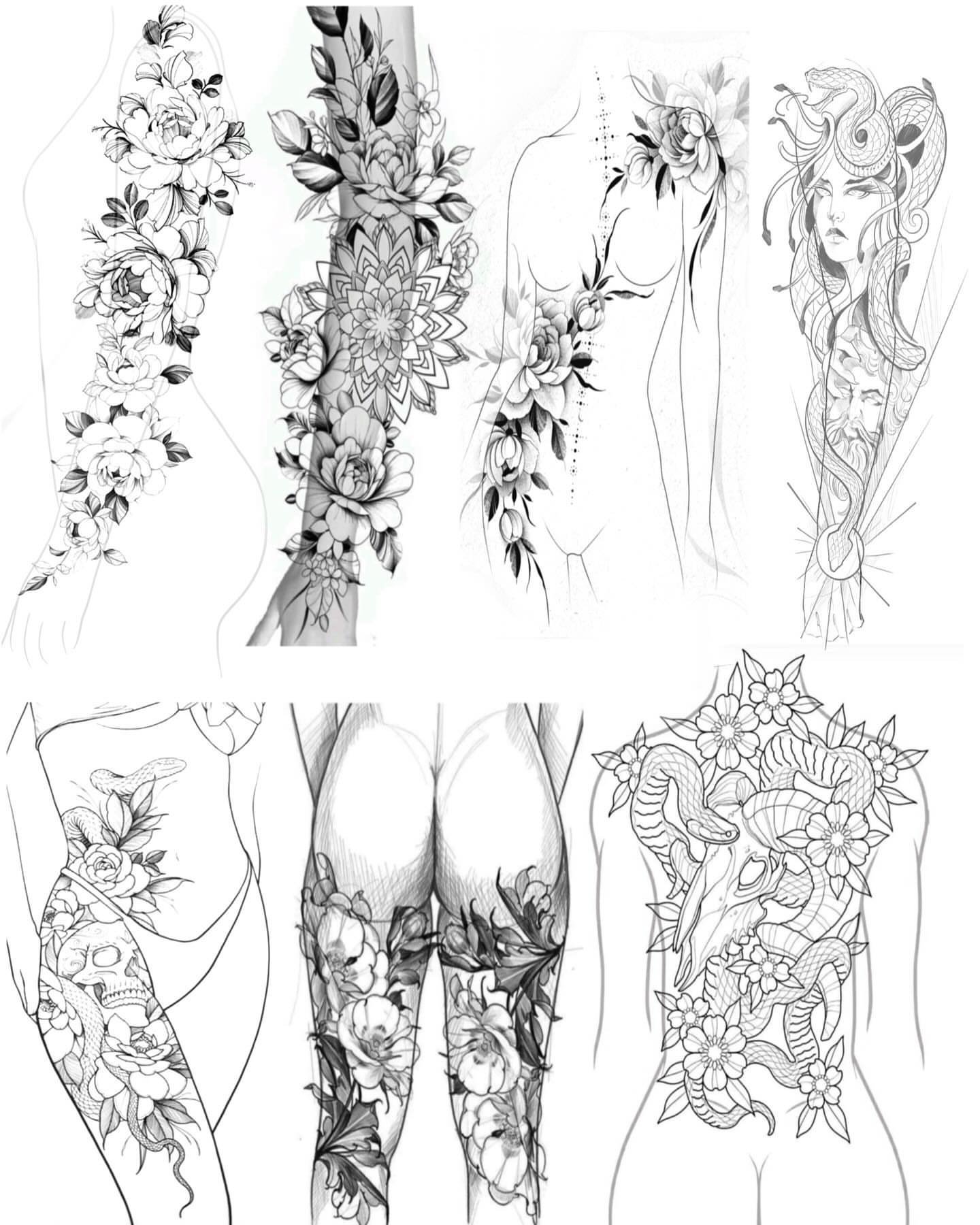 Floral and fantasy ornamental tattoo on the thigh by Bernie calderon, Fresno, California