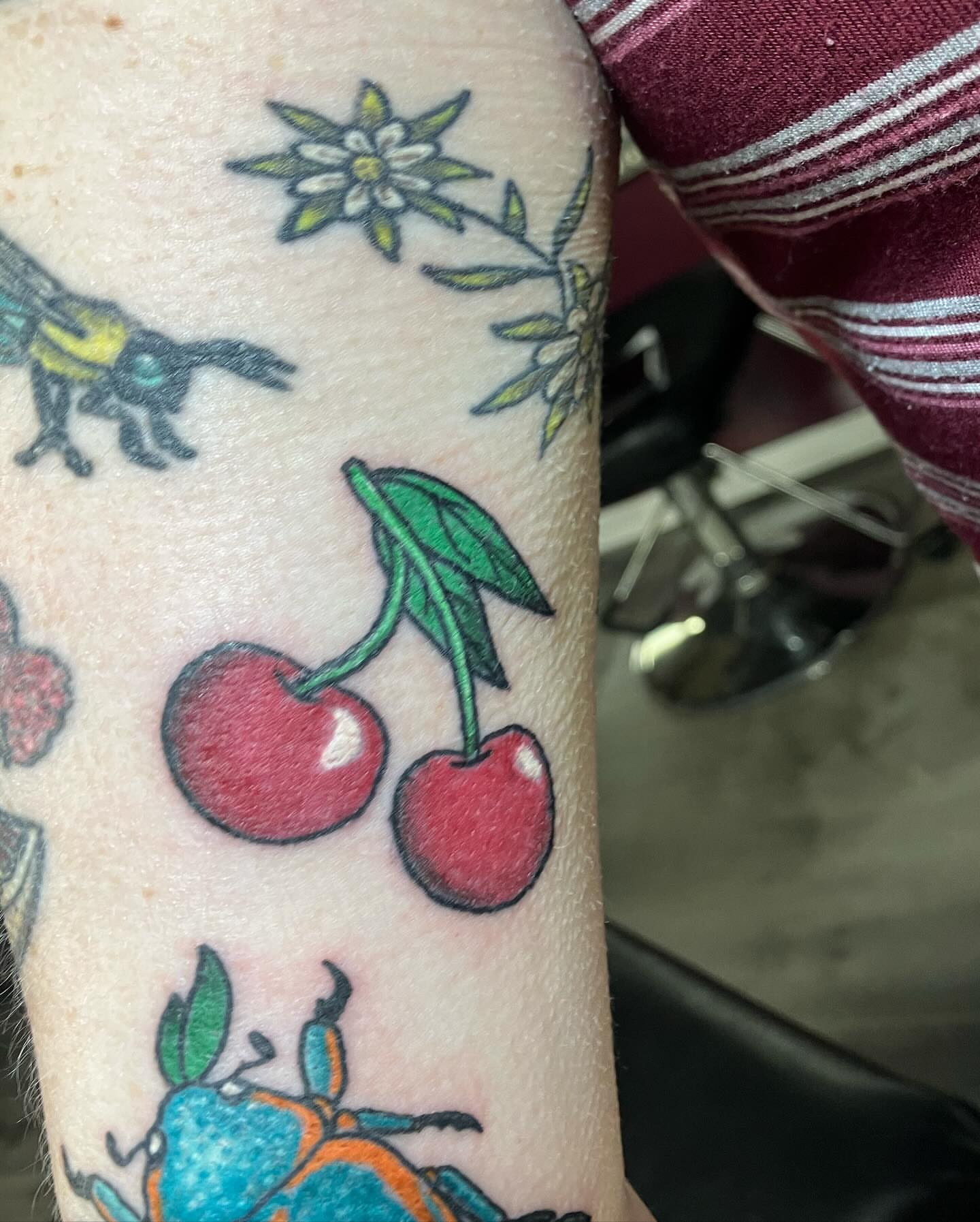 Cherries American traditional tattoo on the forearm by Madeline, Akron, Ohio