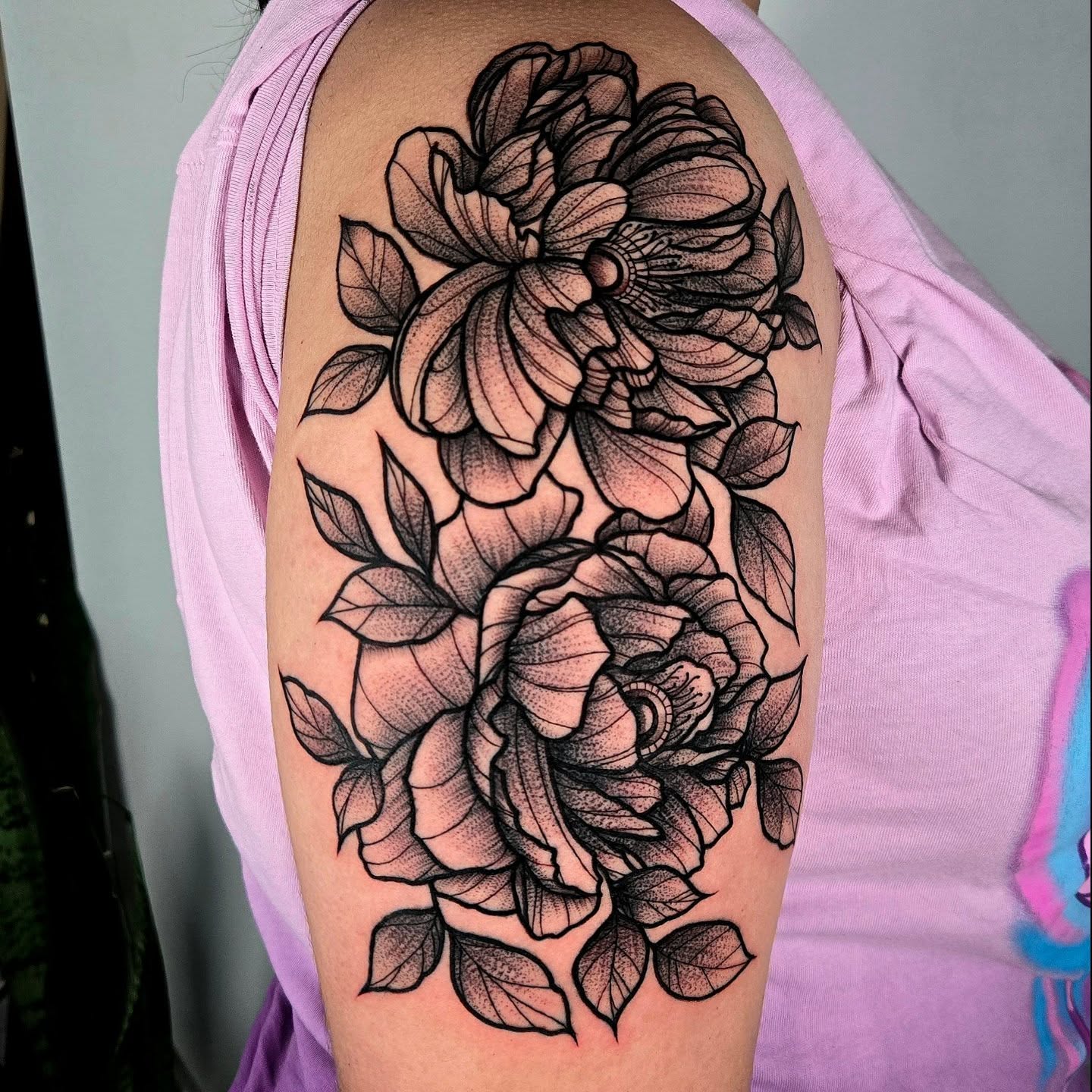 Floral bouquet dotwork tattoo on the shoulder by ✮ Monarch Tattoos ✮