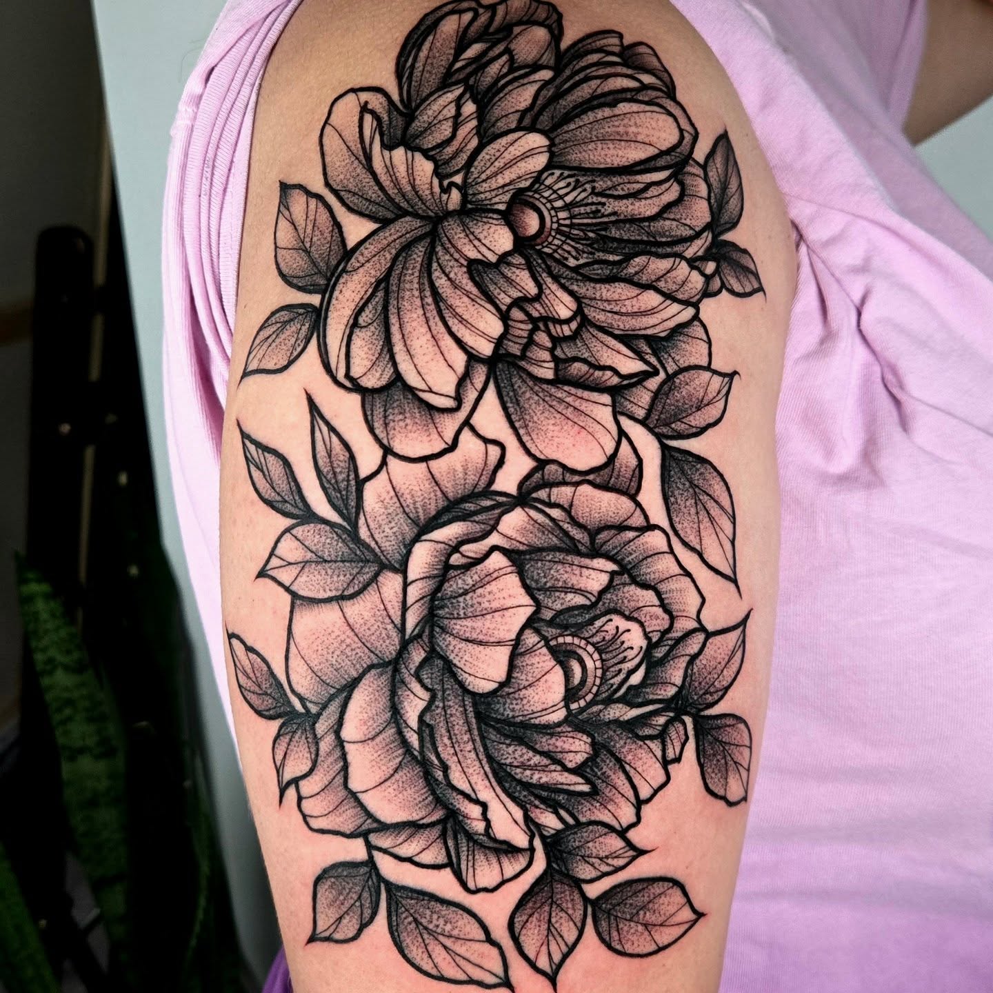 Roses dotwork tattoo on the shoulder by ✮ Monarch Tattoos ✮