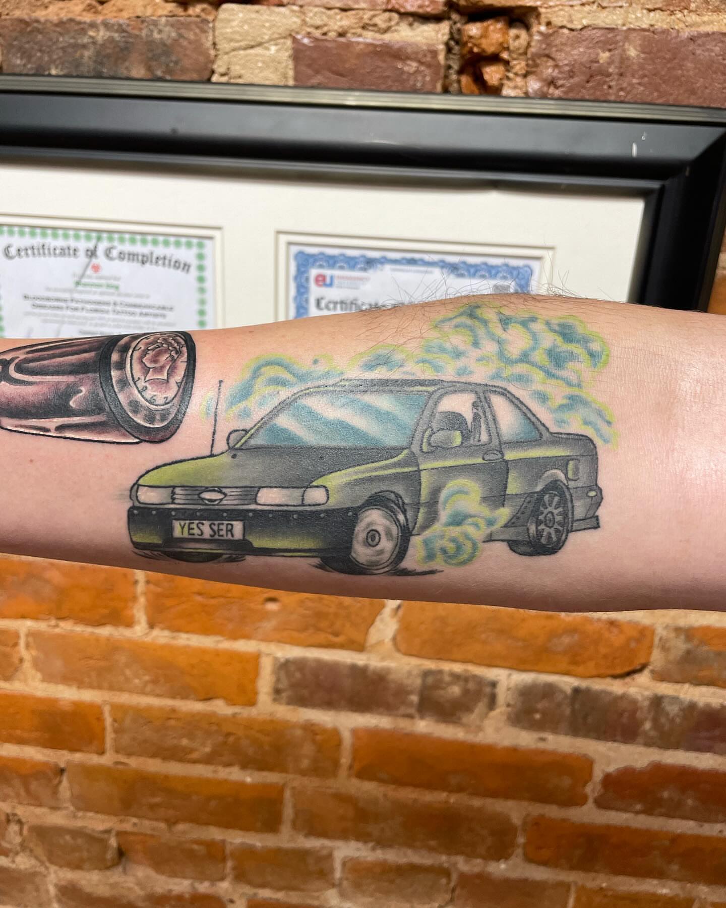 Car realism tattoo on the forearm by Auzzy the Ink Pirate, Mansfield, Ohio