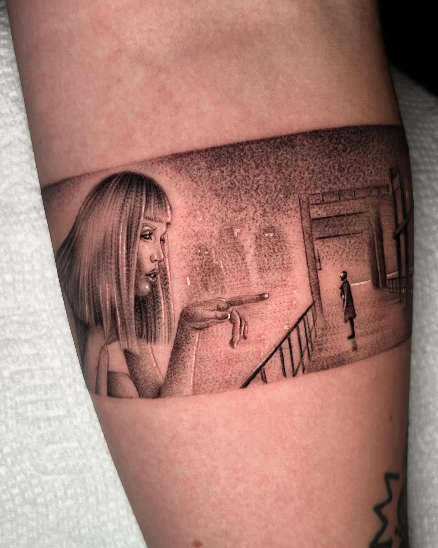 Woman with gun dotwork tattoo on the forearm by Single Needle ๐ชฉ