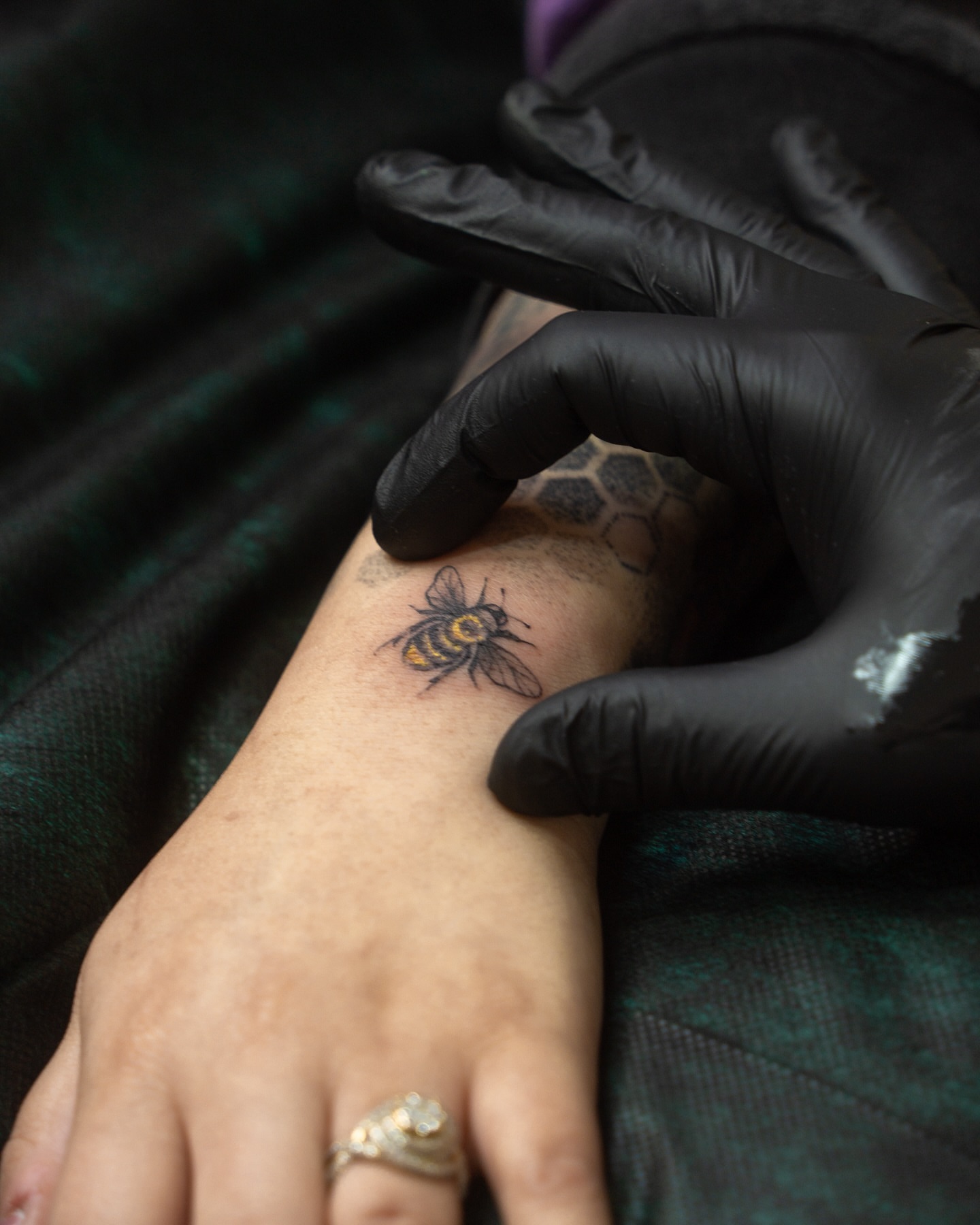 Bee realism tattoo on the forearm by Christopher Espino, Hawthorne, California
