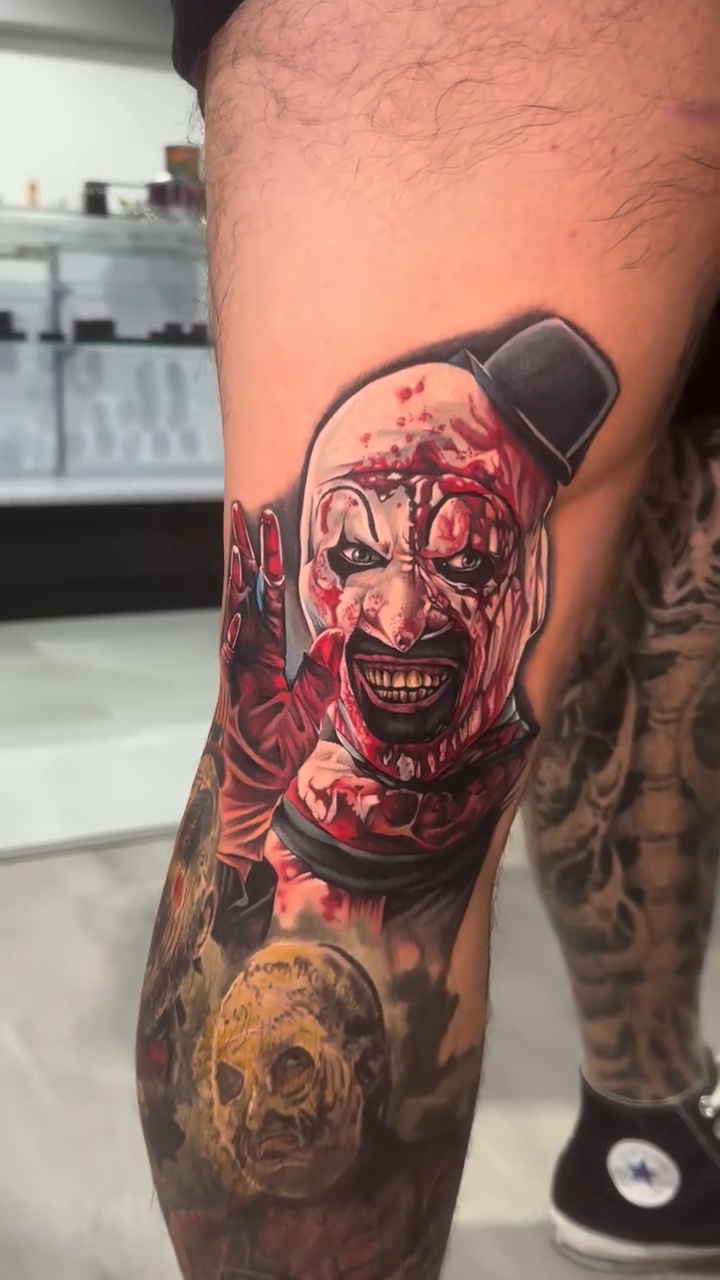 Art the Clown realism tattoo by Chynna J El-Ayazra