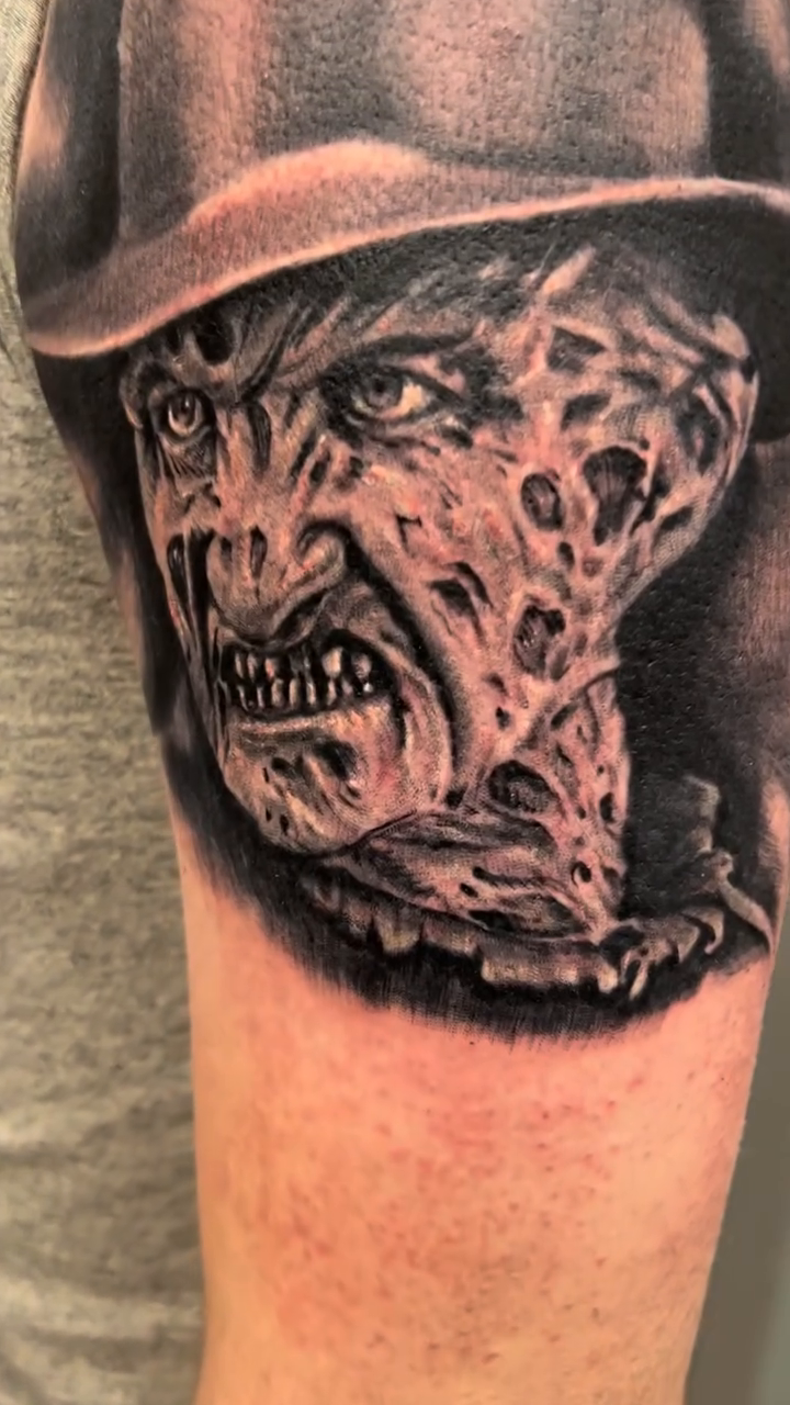 Freddy Krueger portrait realism tattoo by Krys King Tattoos