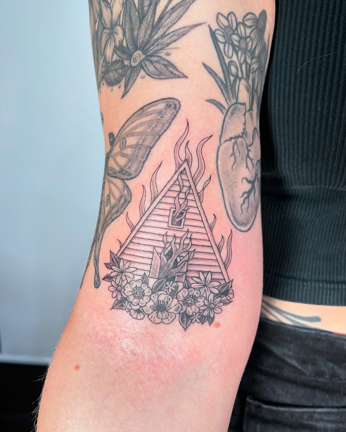 Pyramid with flowers geometric tattoo on the forearm by 🍓secret k. - Austin Tattoo Artist