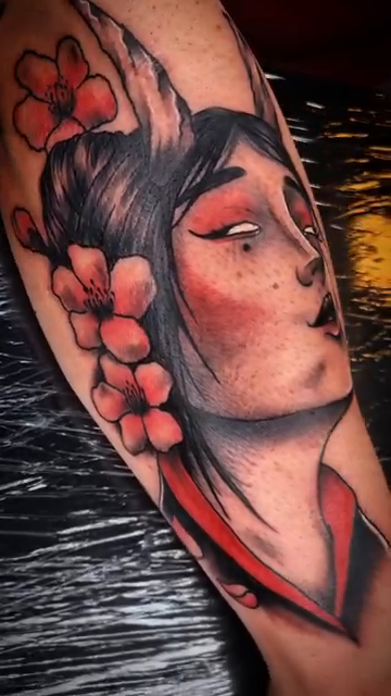 Kitsune woman with flowers neo-traditional tattoo by AntiheroTattoo