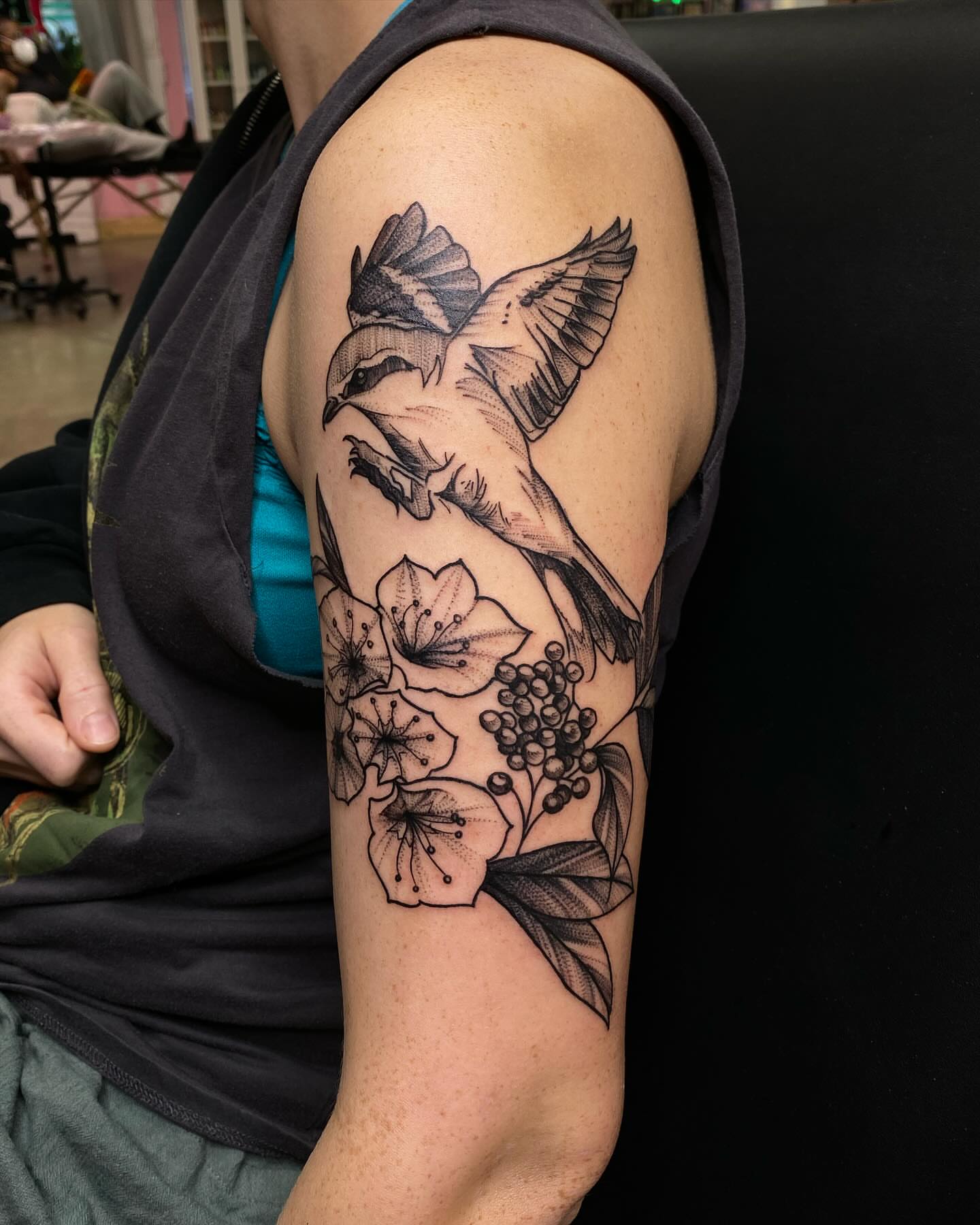 Bird and flowers realism tattoo on the forearm by @kaitlin.tattoos, Richmond, Virginia