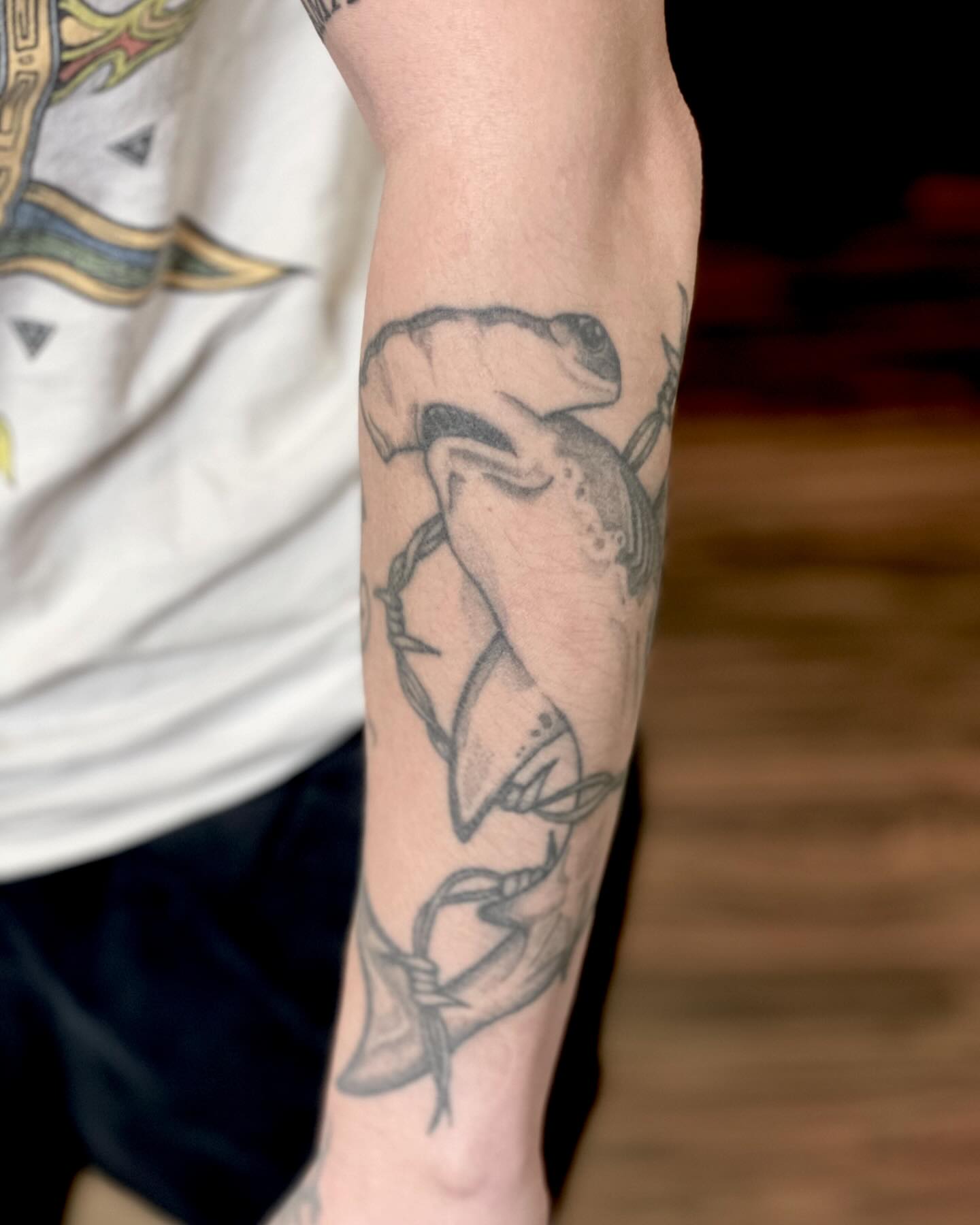 Shark entangled in rope black and grey tattoo on the forearm by Katie Stacy
