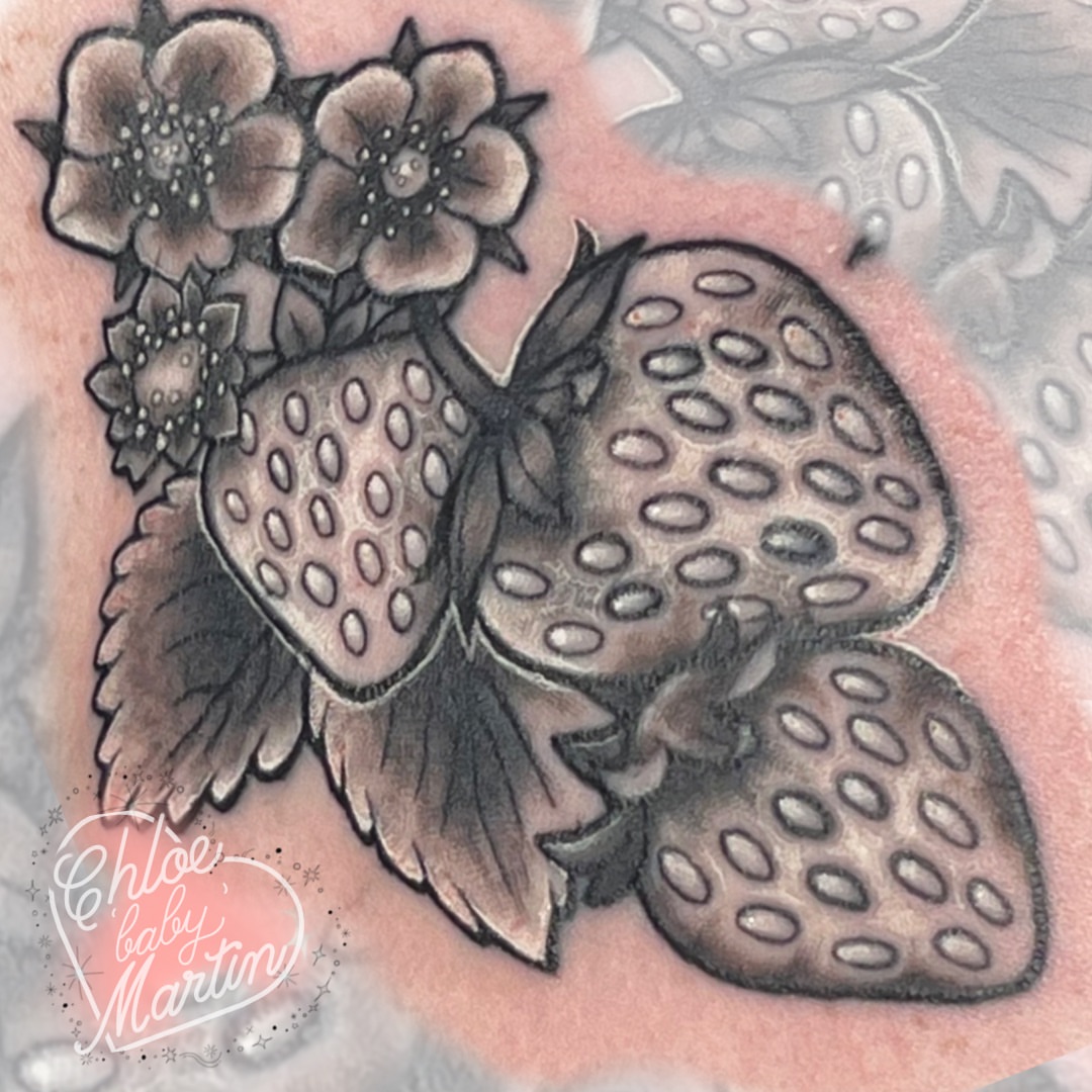 Strawberries and flowers dotwork tattoo by Chloe ‘baby’ Martin