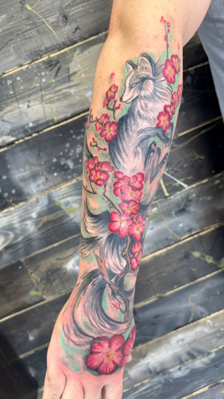 Fox with cherry blossoms japanese irezumi tattoo by Chris Allen Taylor