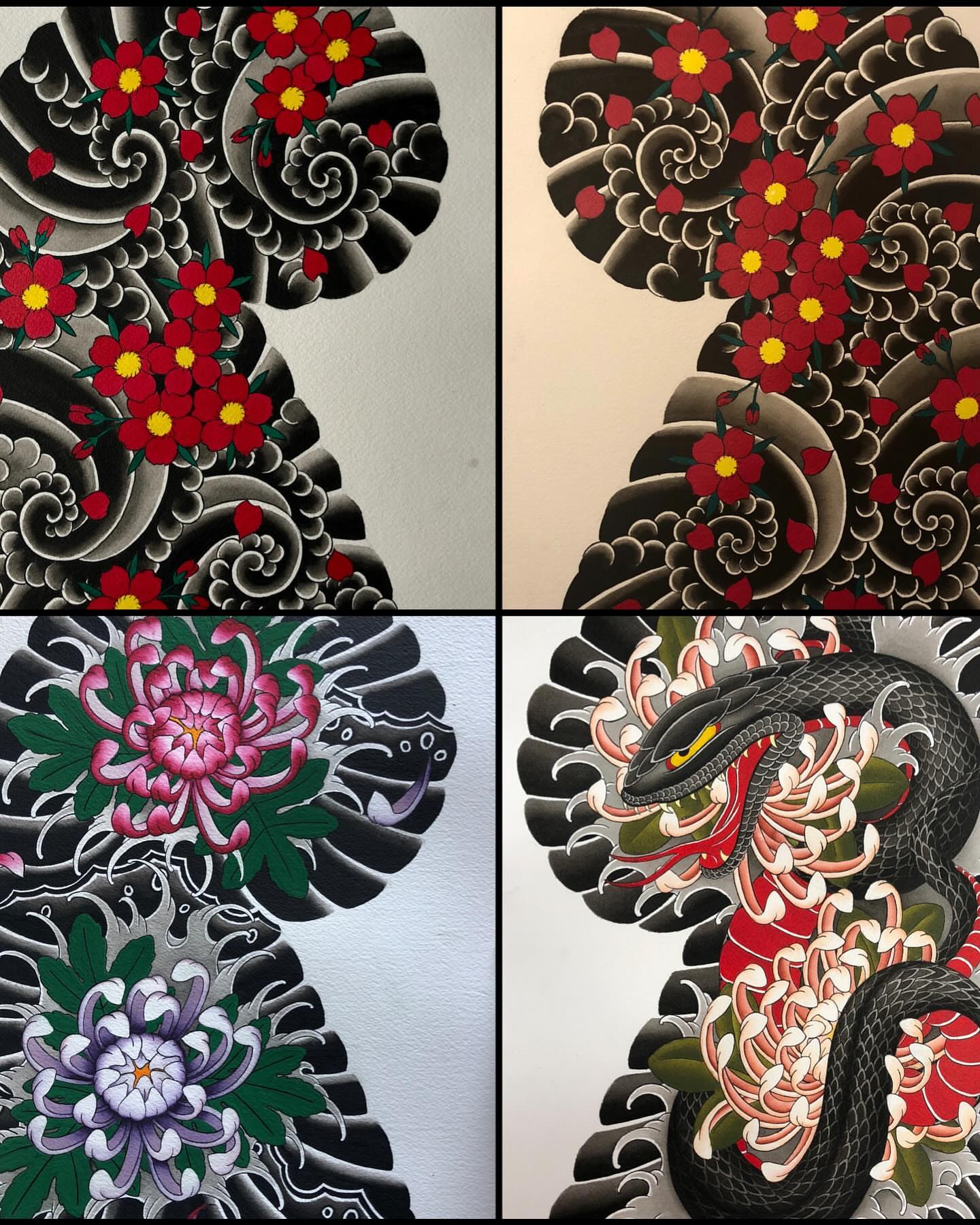 Snake and chrysanthemum japanese irezumi tattoo by Rocky Burley, Georgetown, Texas