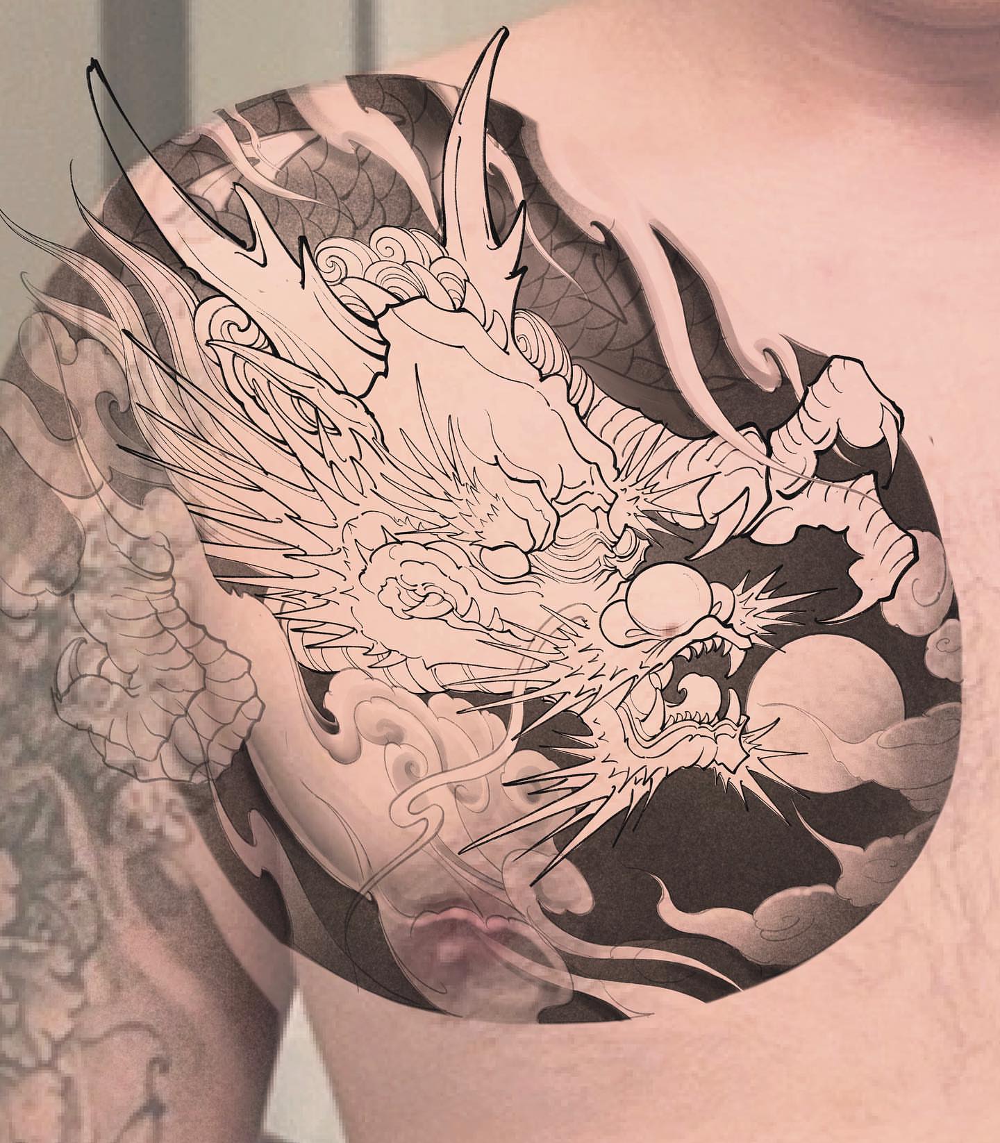 Dragon japanese irezumi tattoo on the chest by Shihao zhao