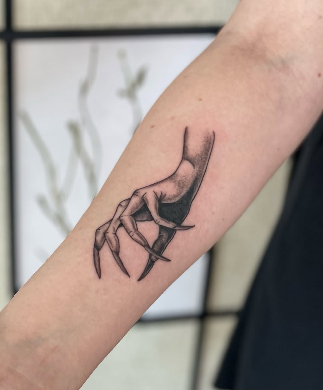 Creepy hand with claws dotwork tattoo on the forearm by CJ