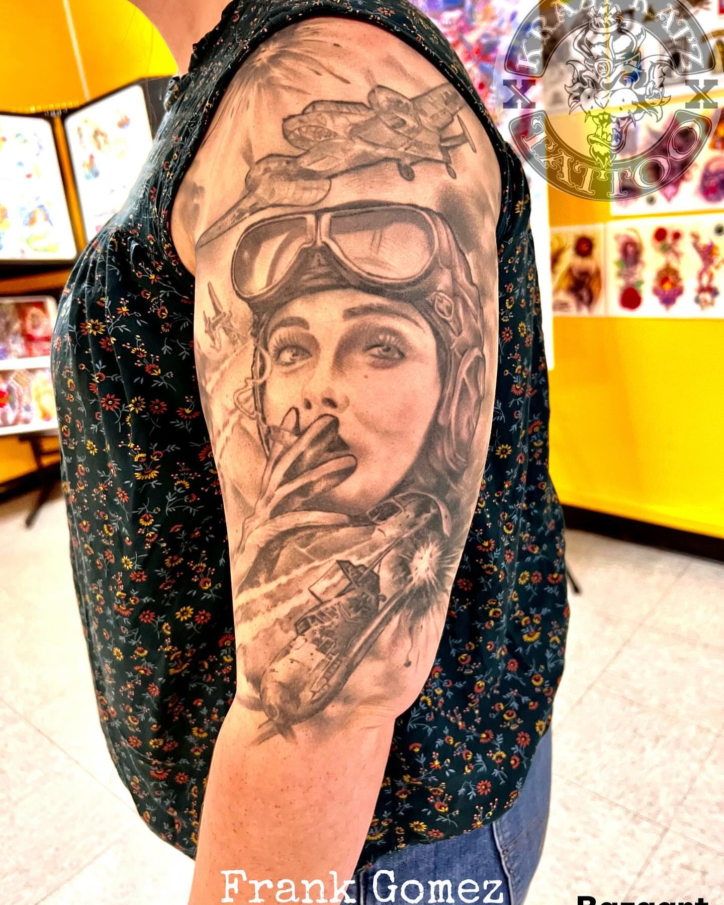Aviator woman realism tattoo on the forearm by Frank Gomez 🎨