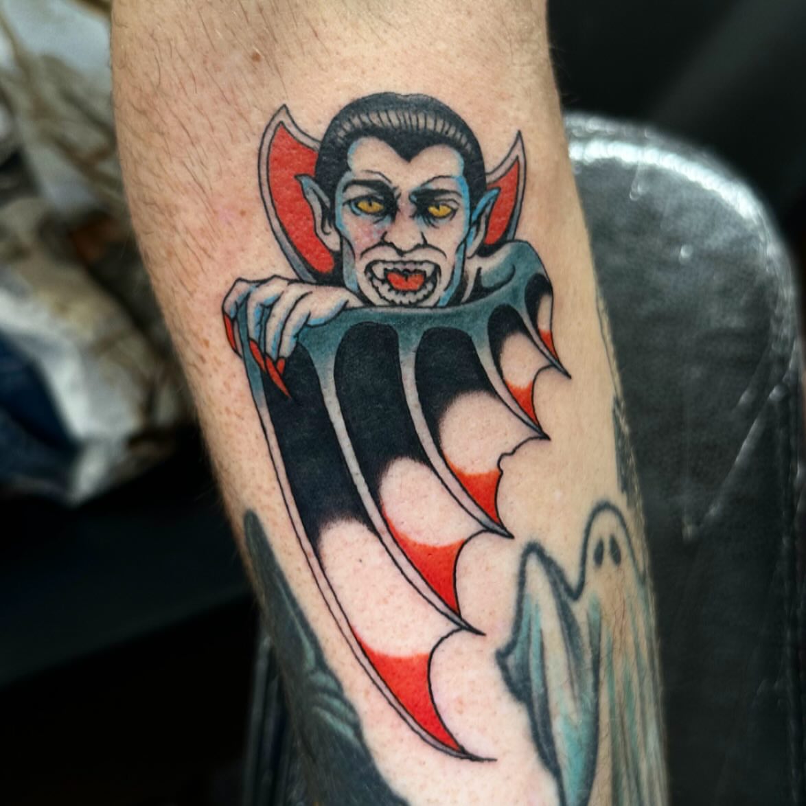 Vampire American traditional tattoo on the forearm by ⠀Joey Rosado