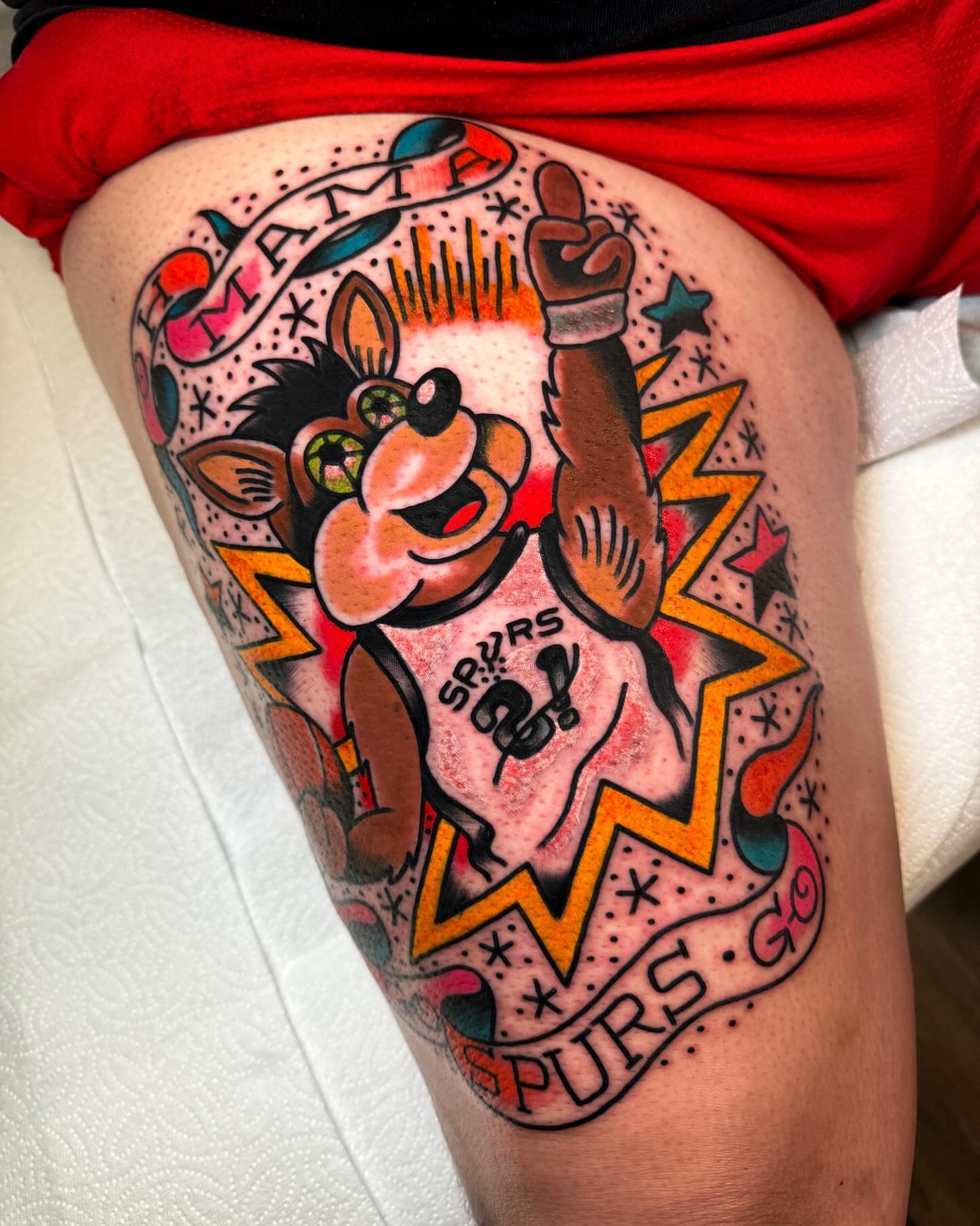 Spike the dog American traditional tattoo on the thigh by Alex Kass 🥩 San Antonio TX, San Antonio, Texas