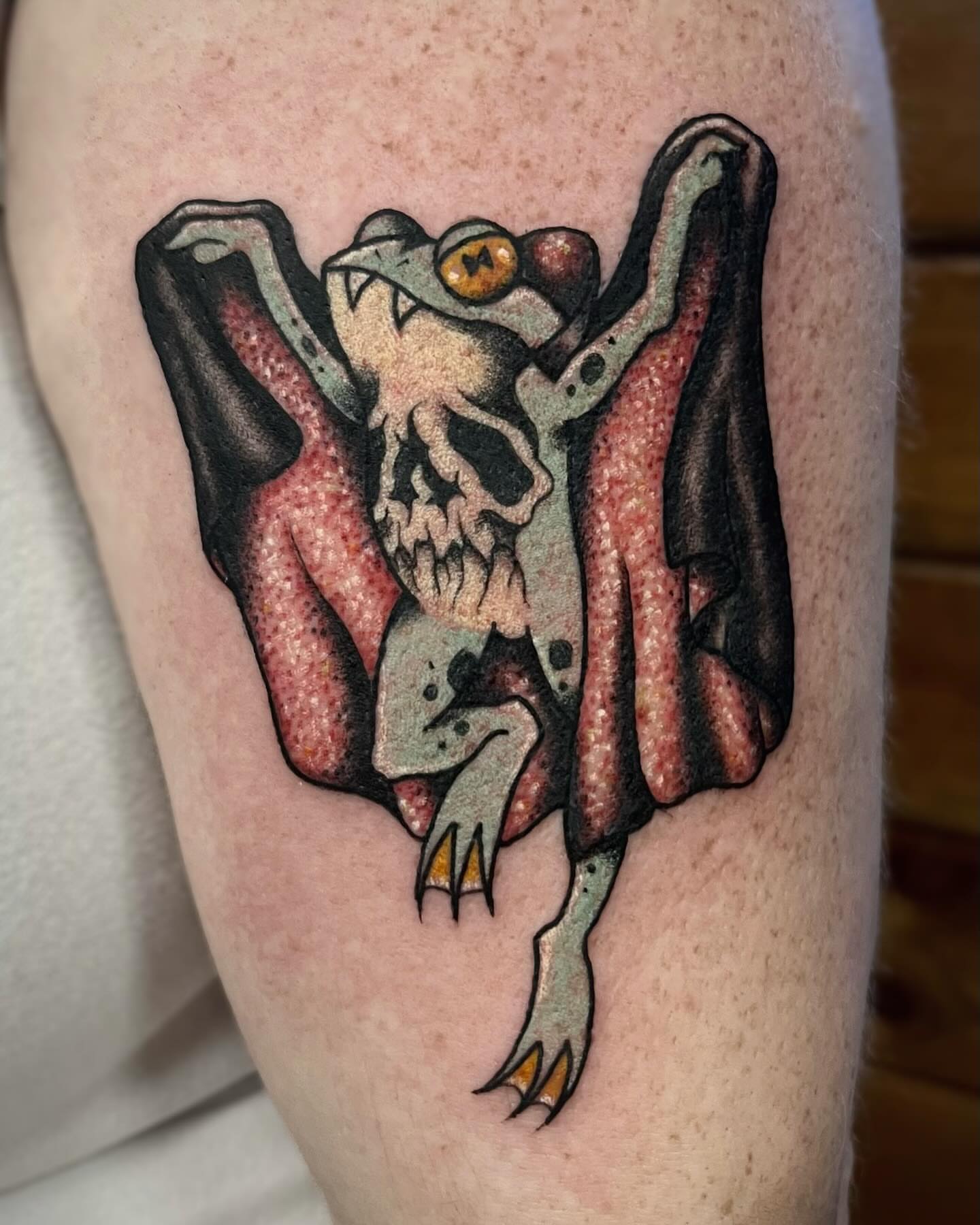 Bat American traditional tattoo on the thigh by โถ ๐๐๐๐๐๐๐๐ ๐๐๐ค๐ค๐๐ (๐๐ฆ๐ค๐ฅ๐ช)