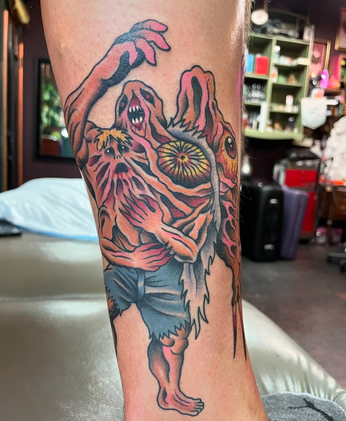 Zombie American traditional tattoo on the leg by Tom Taylor, Philadelphia, Pennsylvania