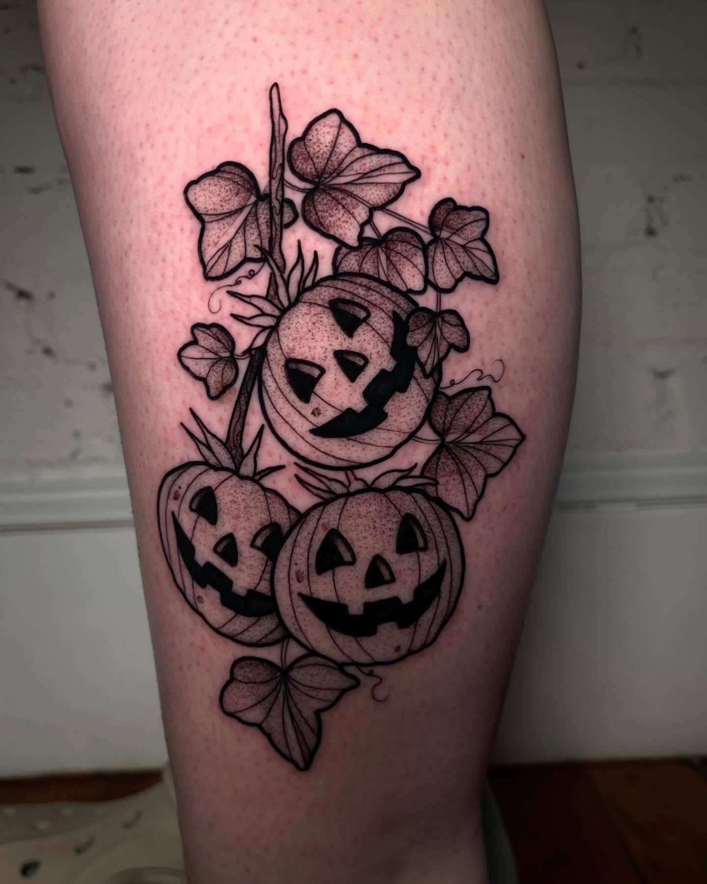 Jack-o'-lanterns dotwork tattoo on the thigh by H A N N A H, Colorado Springs, Colorado