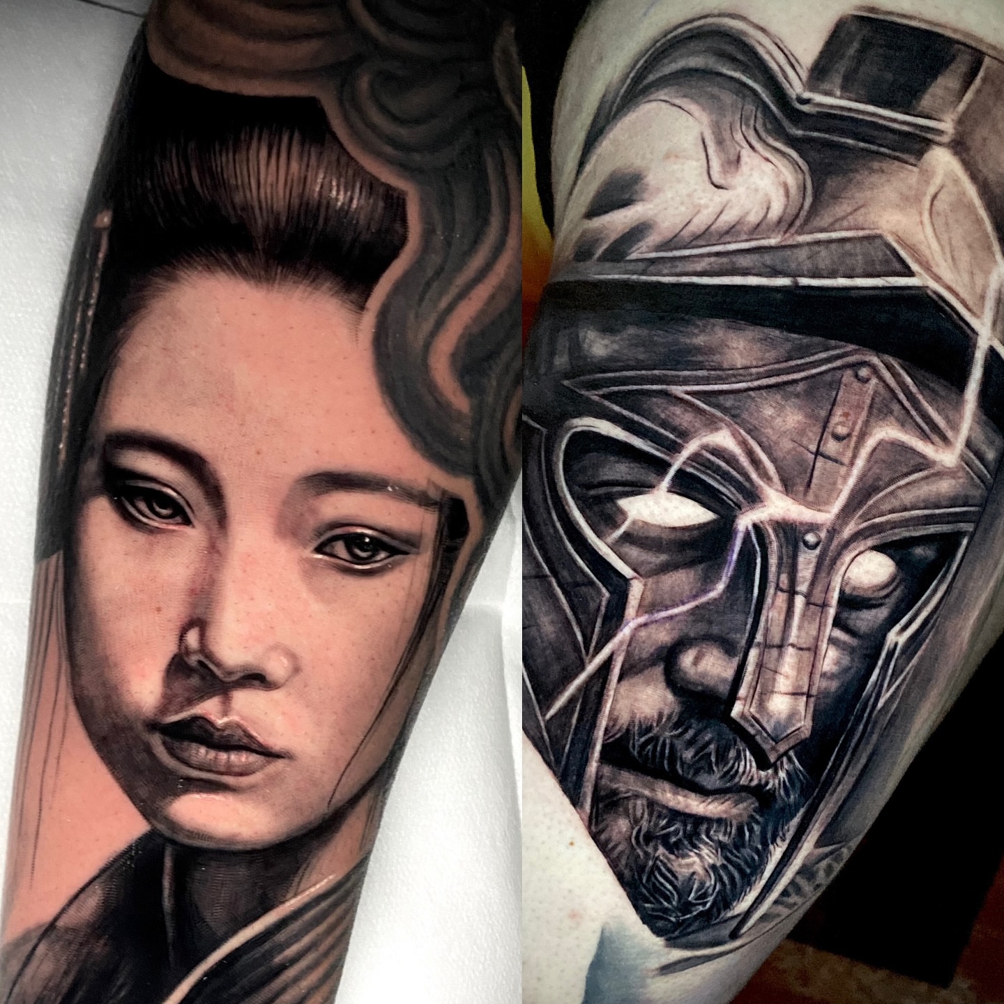 Woman's face realism tattoo on the forearm by Morgan Andres Soto