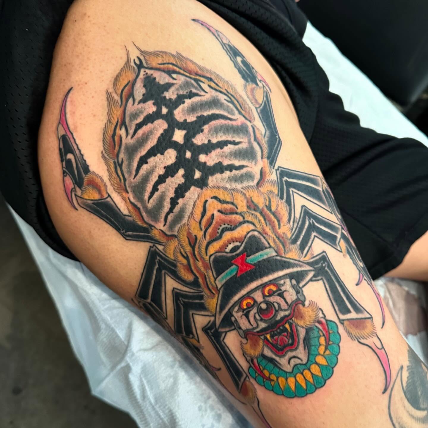 Clown tiger American traditional tattoo on the thigh by Tony Medellin 7X9X