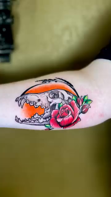 Animal skull with rose realism tattoo by Ashley Fino, Las Vegas, Nevada