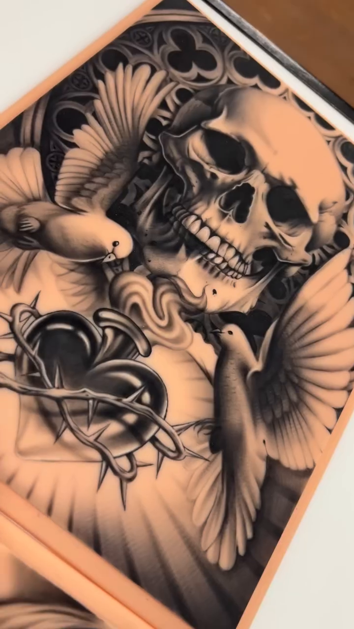 Skull with doves and thorns realism tattoo by inkzombi