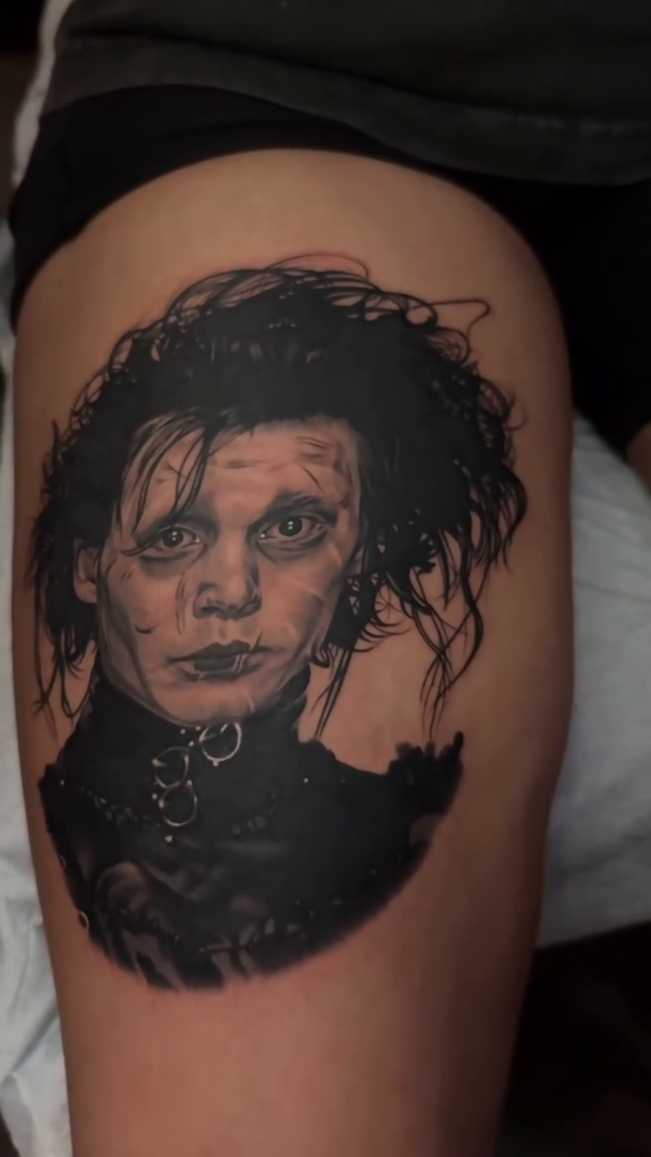 Edward Scissorhands portrait realism tattoo by Bradley Dozier