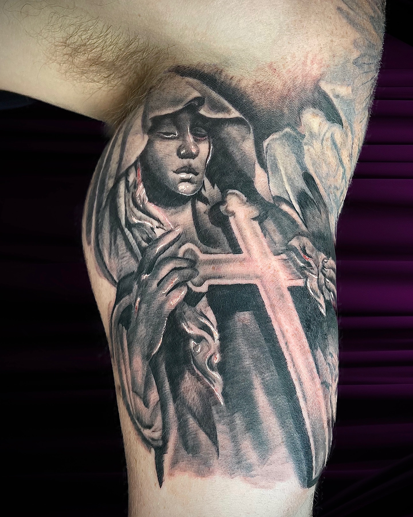Religious figure realism tattoo on the thigh by Nick Harrison, Dayton, Ohio