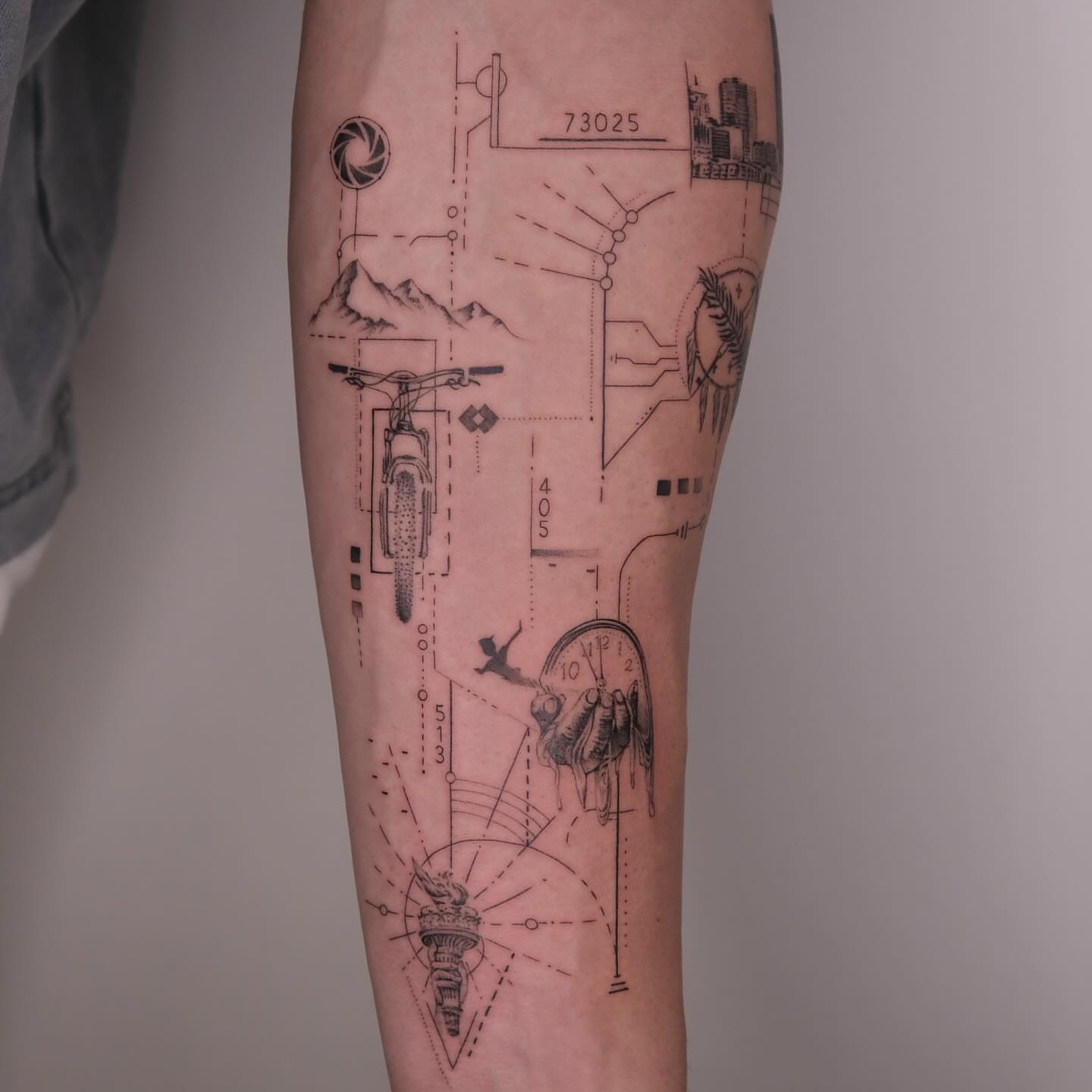 Geometric blueprint geometric tattoo on the forearm by Zay - Realistic tattoo Artist