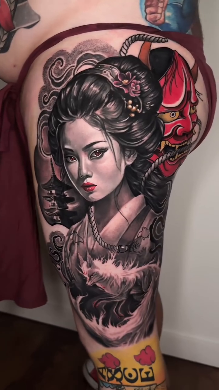 Geisha with mask and waves japanese irezumi tattoo by angel.antonio.tattoos