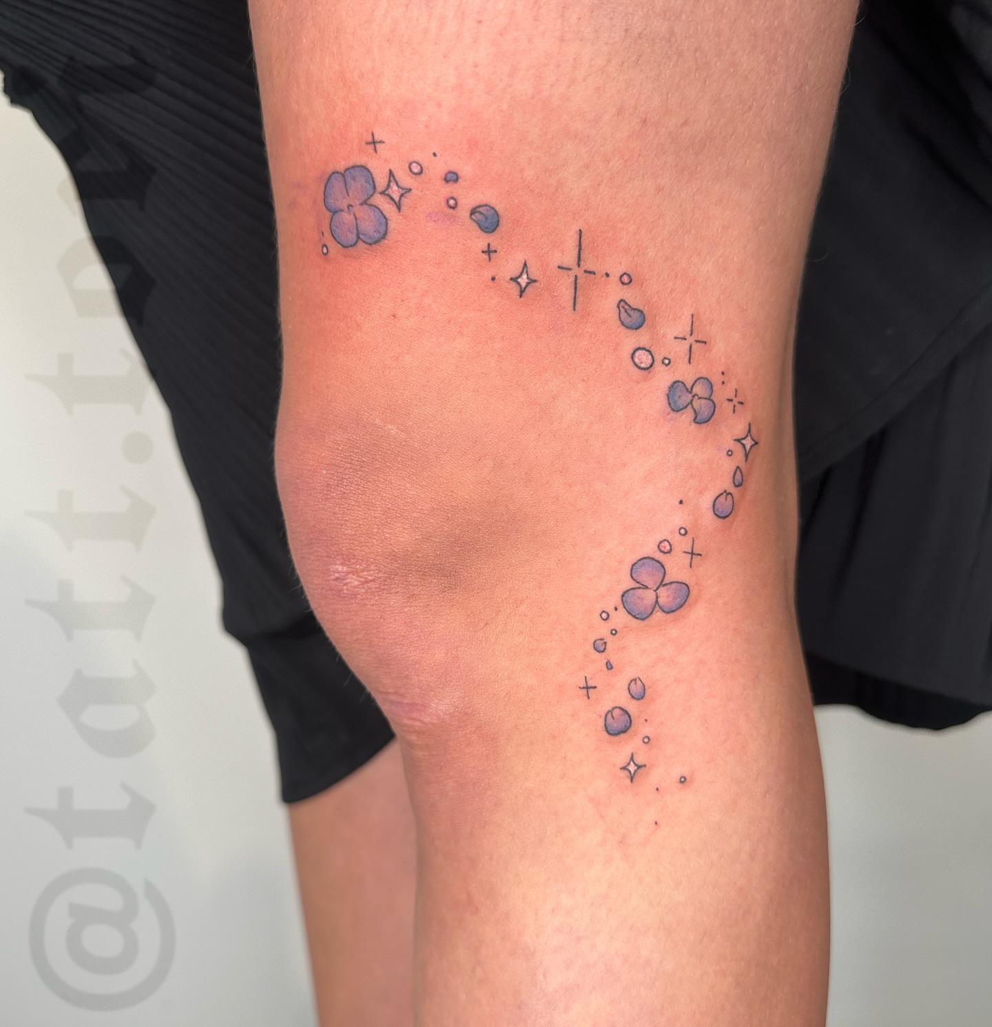 Flower and stars dotwork tattoo on the leg by 𝔱𝔬𝔯𝔦