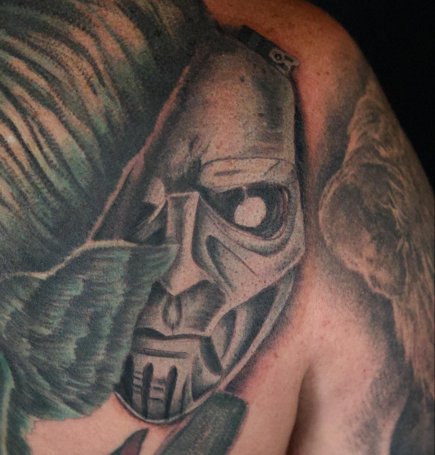 Stormtrooper helmet realism tattoo on the shoulder by Chris Lochbihler