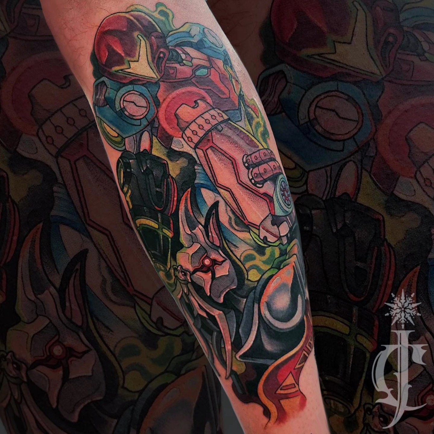Mecha suit geometric tattoo on the forearm by Jessica Canvas