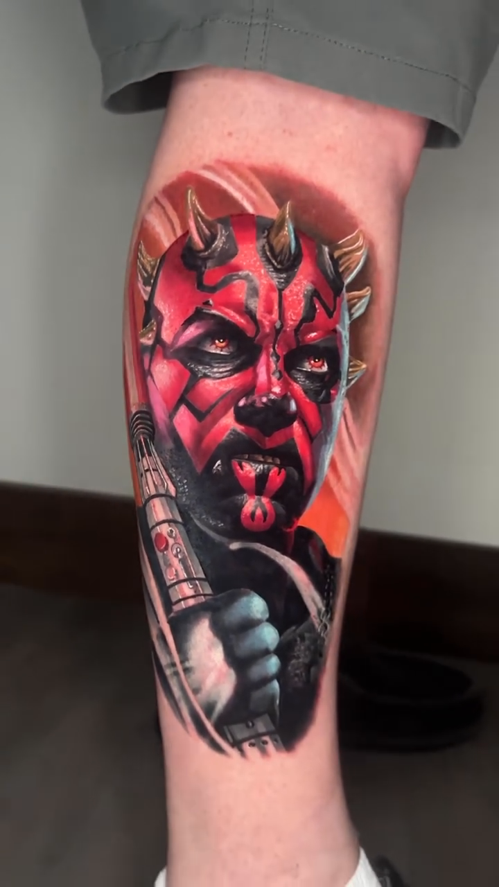 Darth Maul portrait dark art tattoo on the forearm by Preston