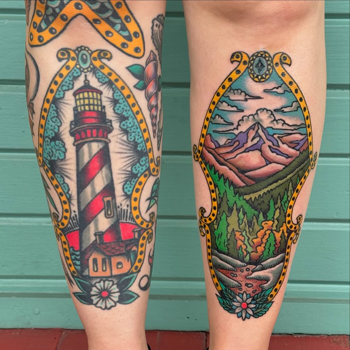 Lighthouse and mountain landscape American traditional tattoo on the calf by Nick Rodin