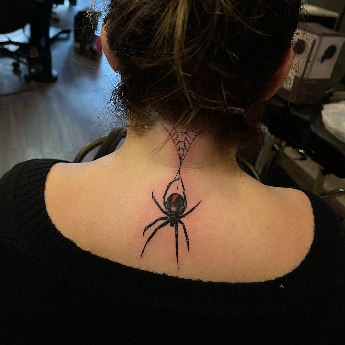 Spider realism tattoo on the back by Brittany Welsh, Marlton, New Jersey