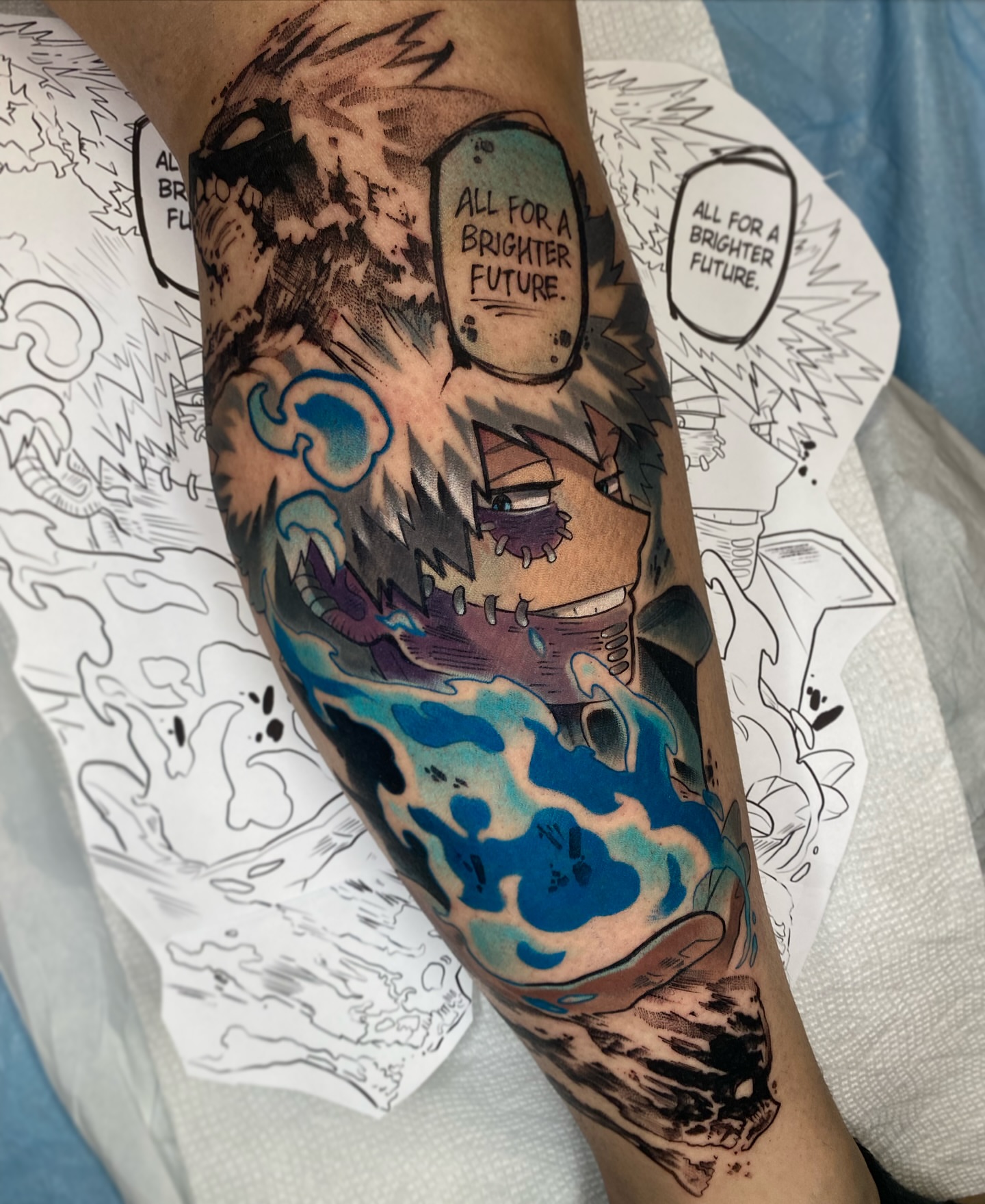 Anime character anime tattoo on the forearm by Kara Klenk