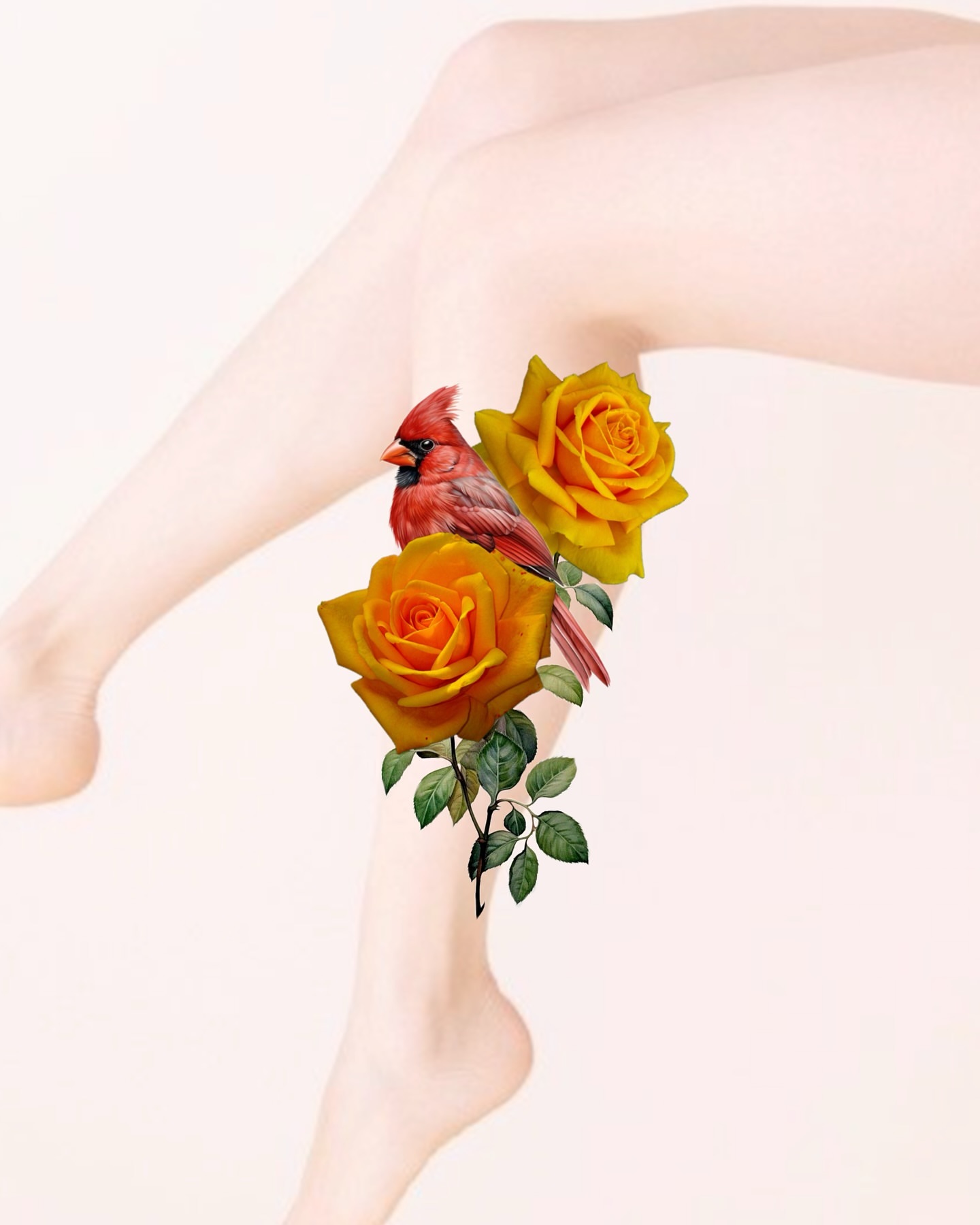 Cardinal and roses American traditional tattoo on the leg by Henry