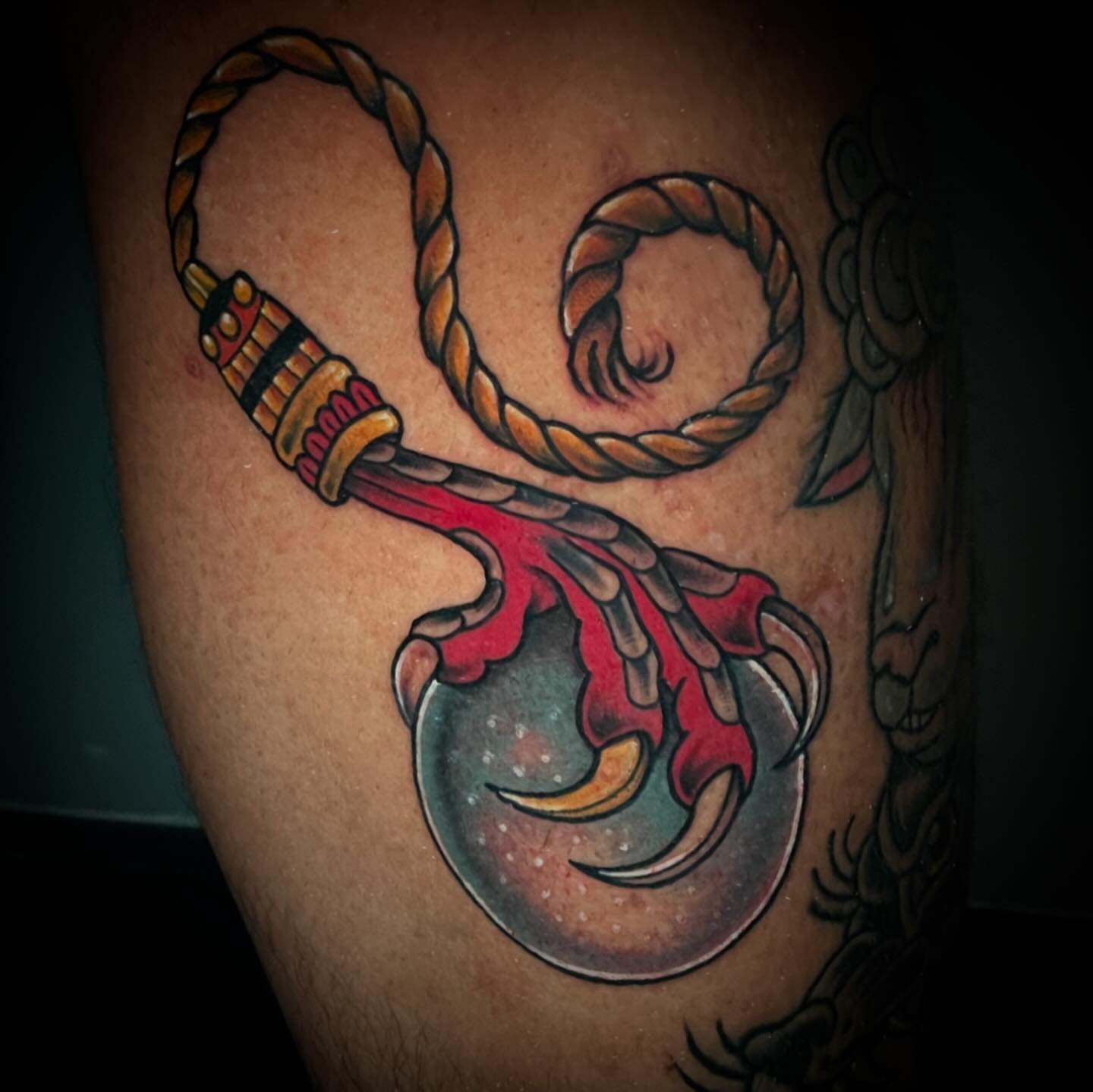 Anchor and rope American traditional tattoo on the thigh by Madison ‘Maddog’ Stewart