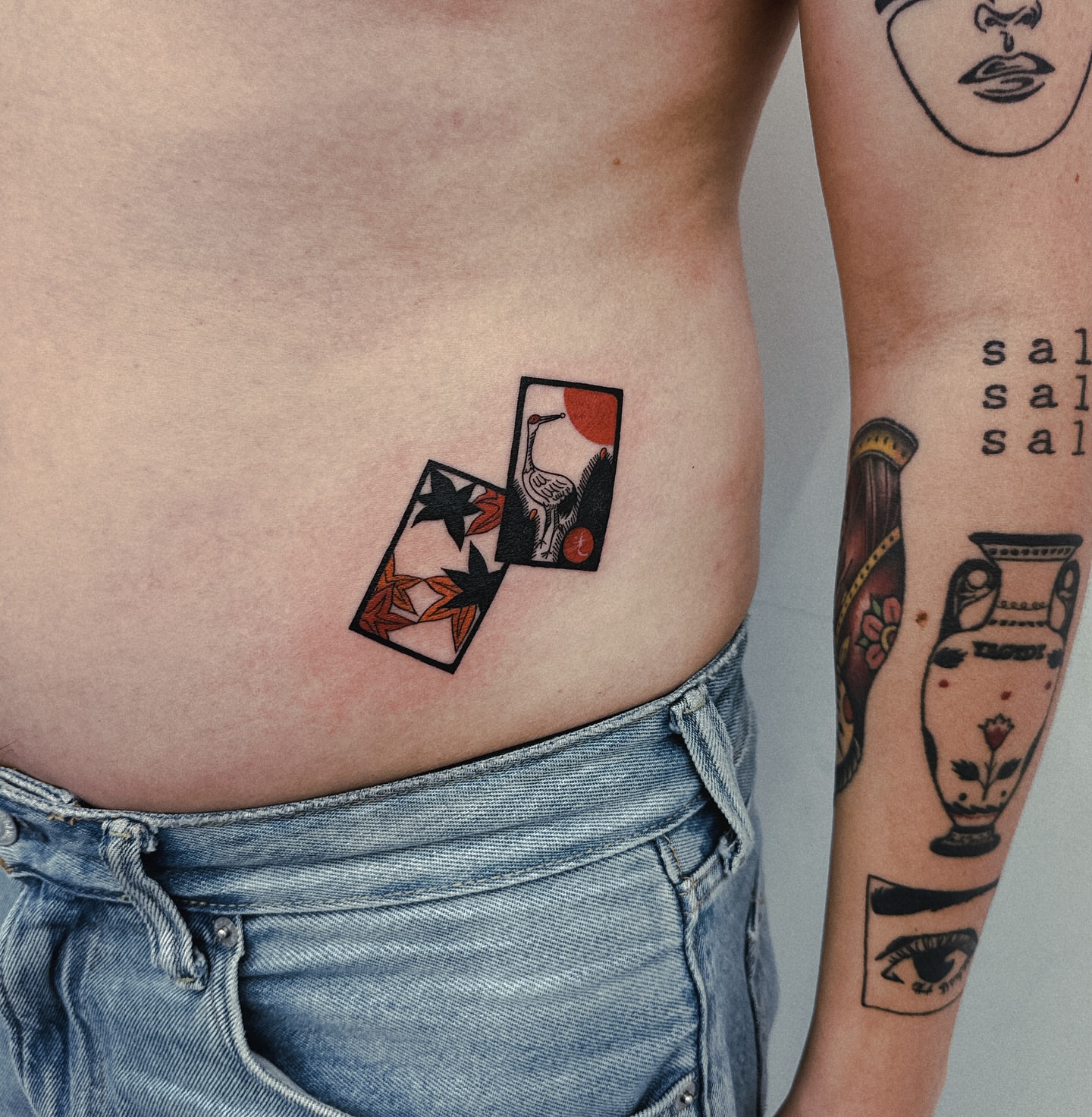 Bird and floral pattern American traditional tattoo on the torso by 비단, New York, New York