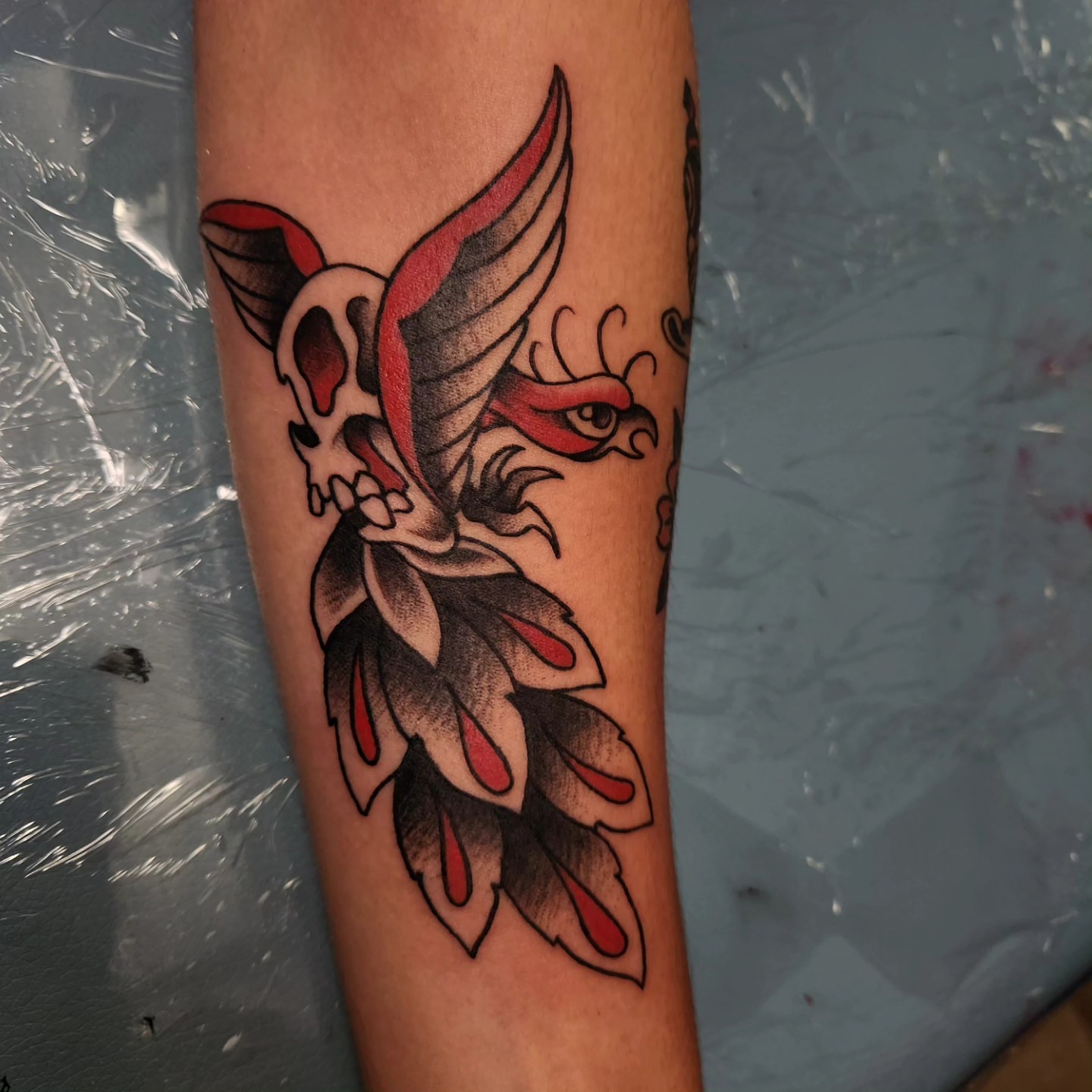 Skull with wings American traditional tattoo on the forearm by Gavvo