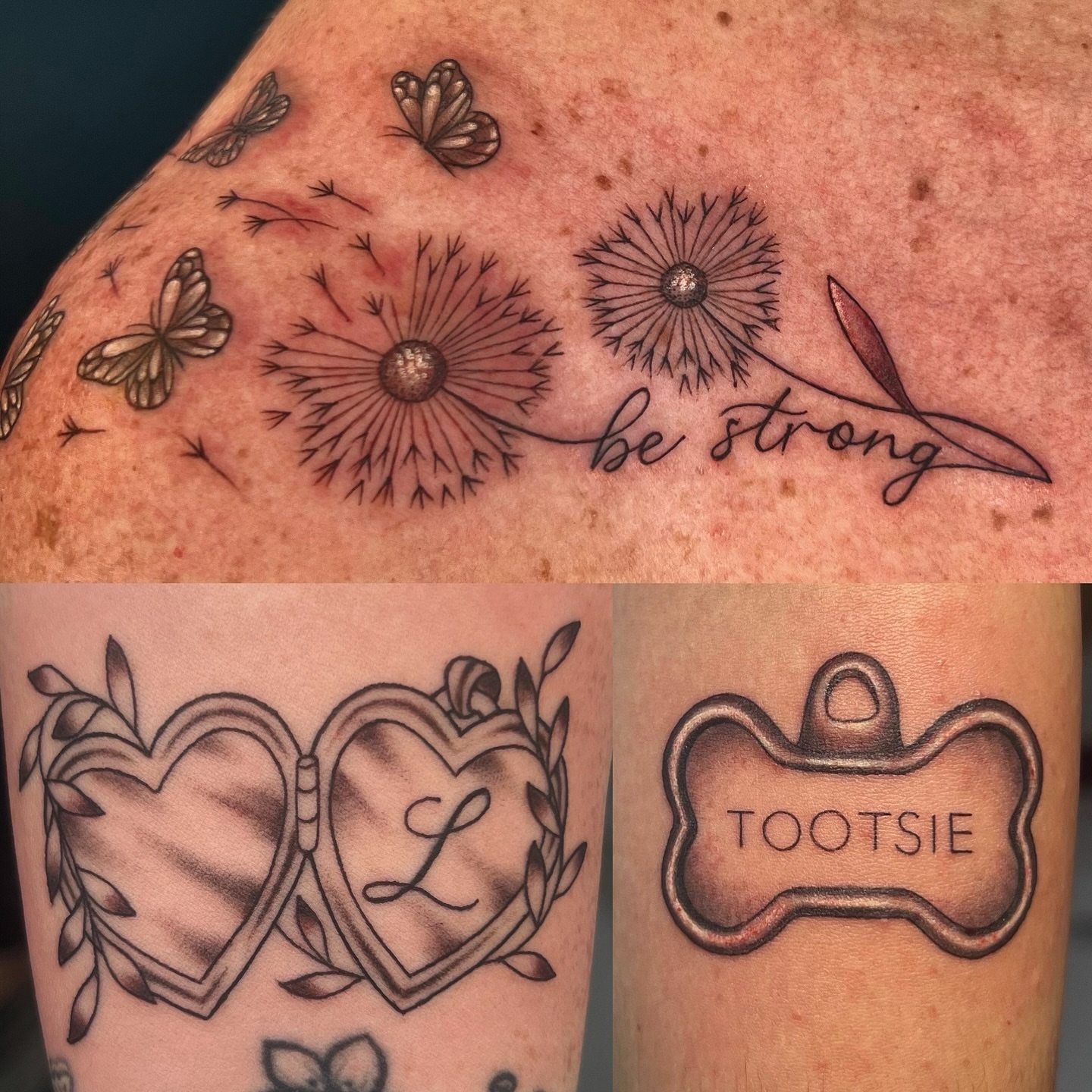 Dandelion seeds and butterflies black and grey tattoo on the shoulder by Nikki Malfitano